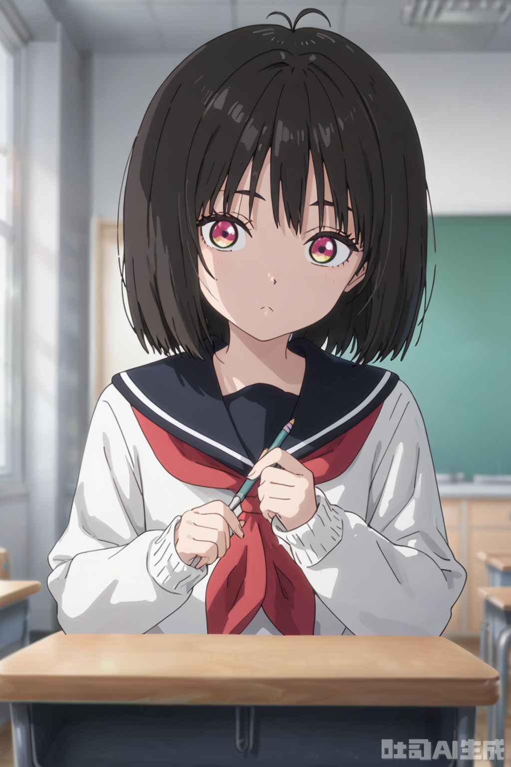 1girl, solo, looking at viewer, short hair, bangs, black hair, long sleeves, holding, school uniform, upper body, serafuku, indoors, sailor collar, blurry, sweater, neckerchief, red neckerchief, desk, classroom, school desk, pencil, chalkboard, school, holding pencil,masterpiece,best quality,official art,extremely detailed CG unity 8k wallpaper, 