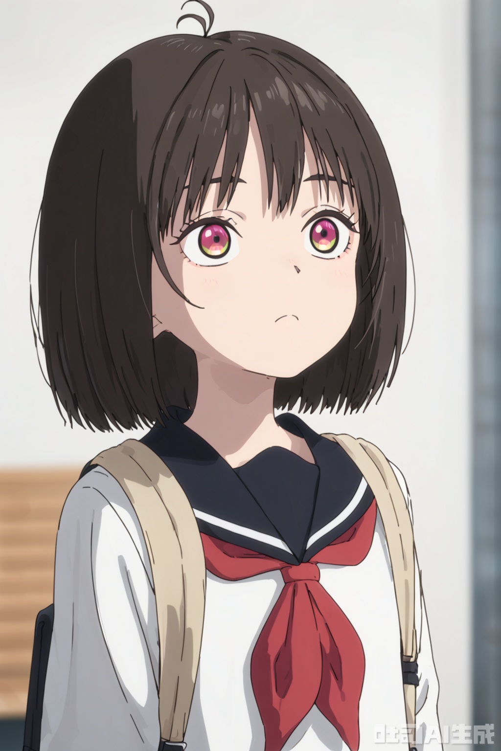 1girl, solo, short hair, bangs, brown hair, shirt, black hair, closed mouth, school uniform, white shirt, upper body, ahoge, serafuku, indoors, sailor collar, bag, blurry, neckerchief, blurry background, frown, bob cut, backpack, antenna hair, looking up, red neckerchief, black sailor collar
