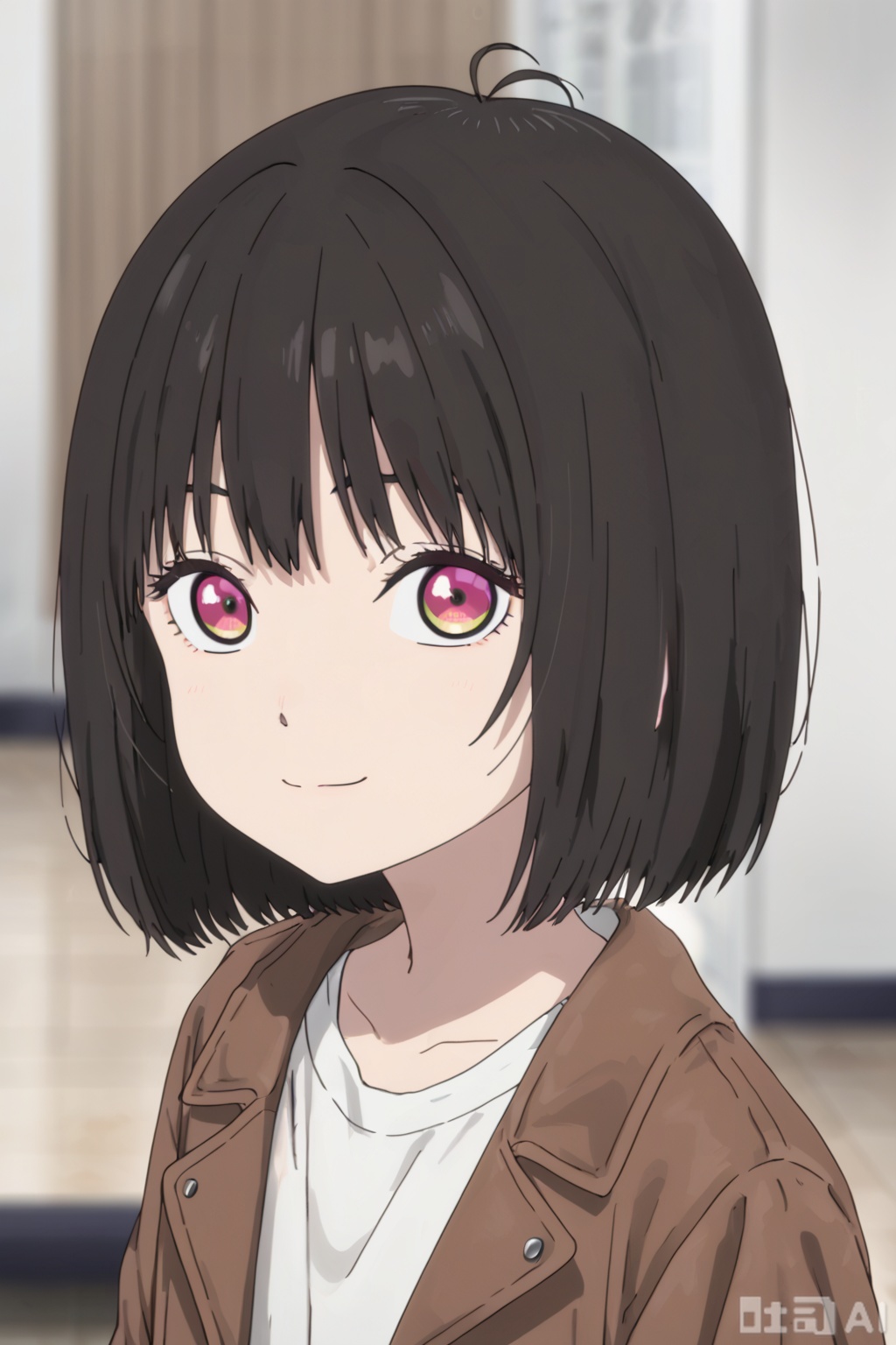 1girl, solo, looking at viewer, smile, short hair, bangs, shirt, black hair, closed mouth, purple eyes, collarbone, jacket, white shirt, upper body, indoors, blurry, blurry background, bob cut, brown jacket,loil