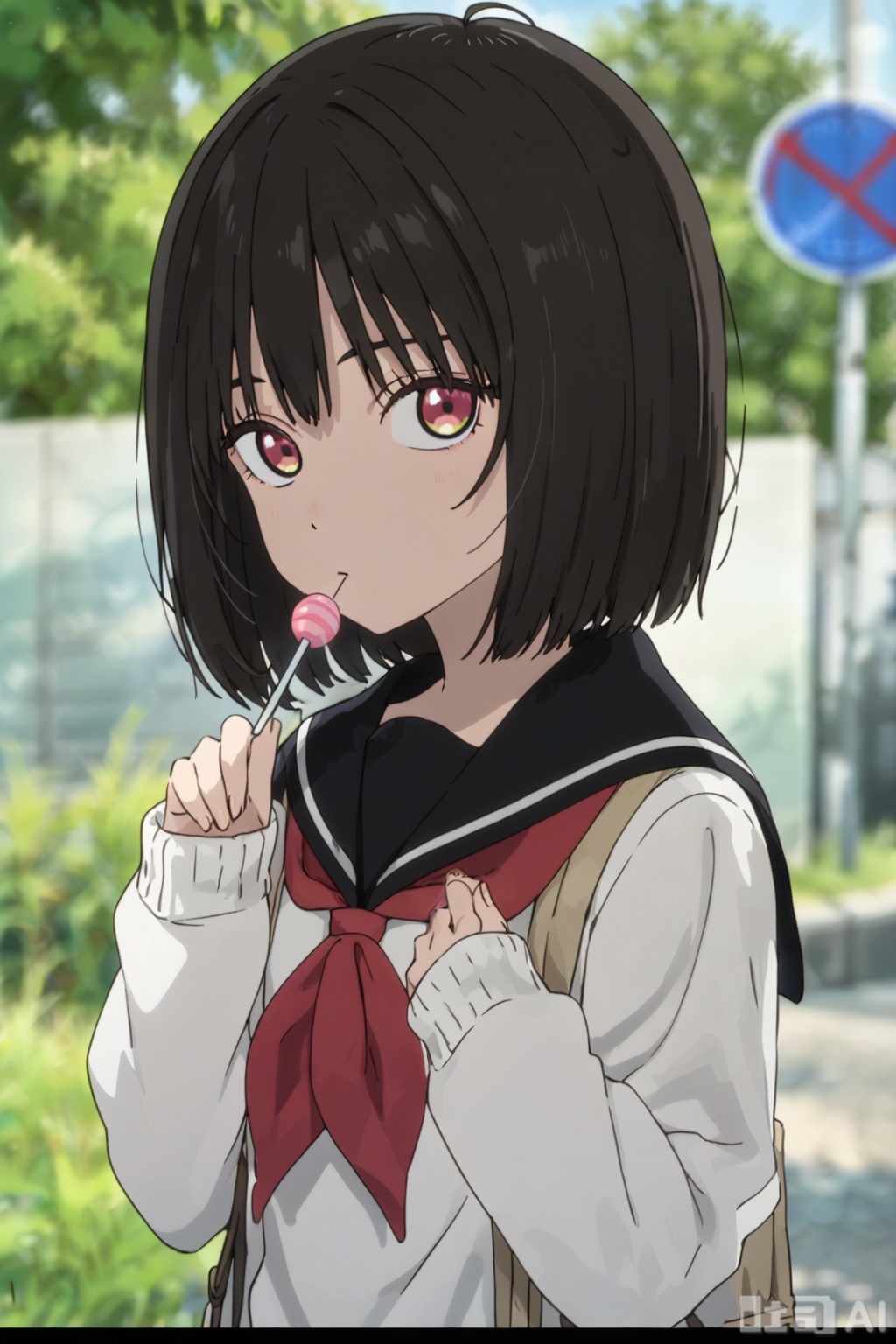 1girl, solo, looking at viewer, short hair, bangs, black hair, long sleeves, brown eyes, school uniform, upper body, outdoors, food, serafuku, day, hand up, sailor collar, blurry, neckerchief, sleeves past wrists, depth of field, blurry background, bob cut, letterboxed, candy, red neckerchief, black sailor collar, lollipop, sign, road sign,masterpiece,best quality,official art,extremely detailed CG unity 8k wallpaper, 