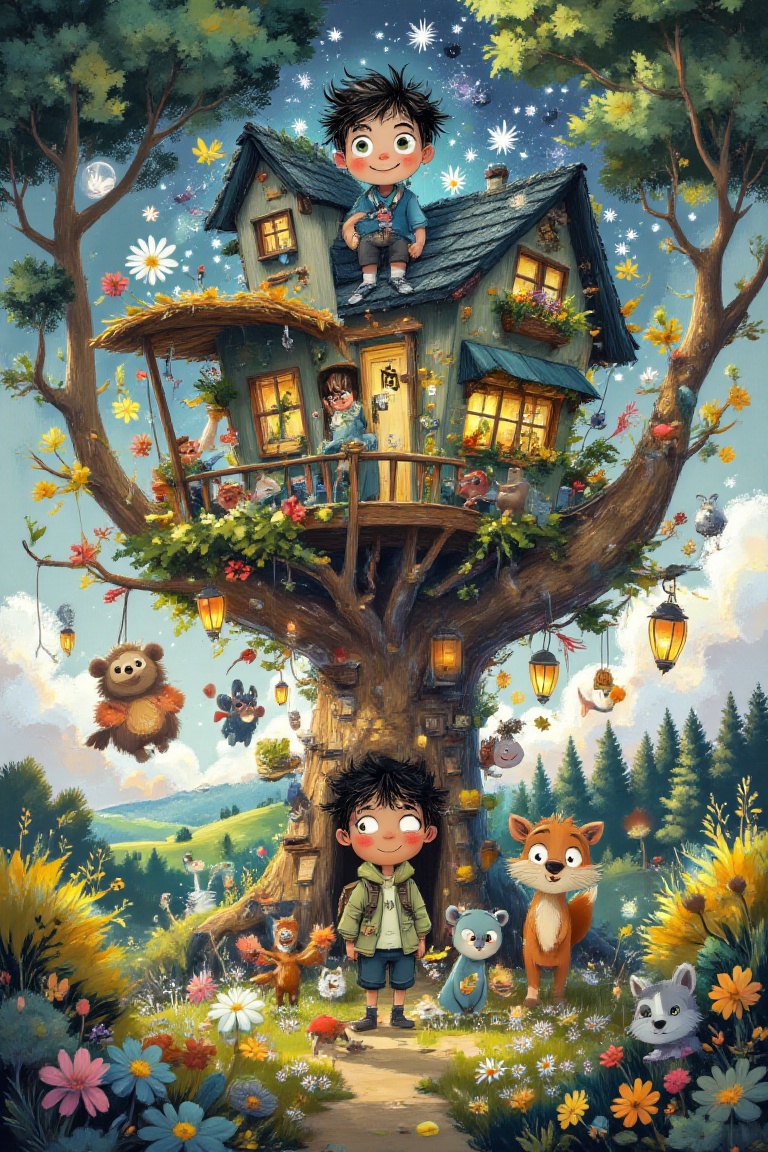 A charming illustration of a fantastical treehouse perched high in a massive,  enchanted tree. Children with wide eyes exp...