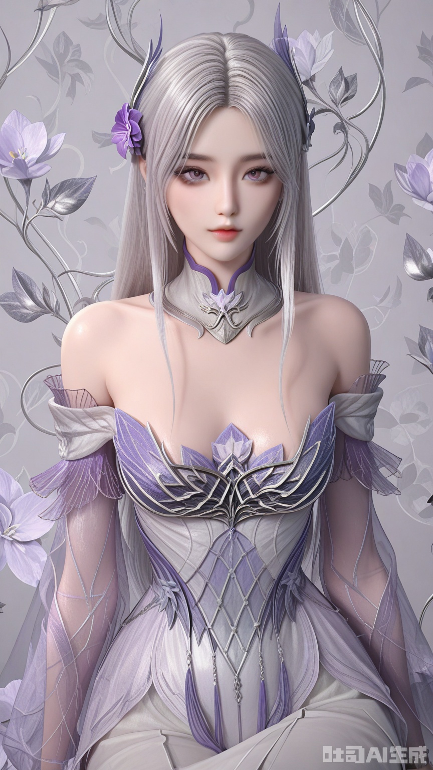general, sfw, Glossy and violet flower background,1woman, Grey silver hair, solo, breast, exquisite skin, looking at viewer, sitting, very awa, masterpiece, best quality, highres, absurdres, newest, aesthetic,