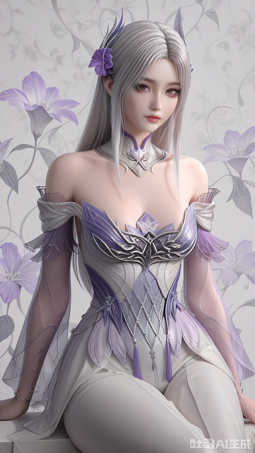 general, sfw, Glossy and violet flower background,1woman, Grey silver hair, solo, breast, exquisite skin, looking at viewer, sitting, very awa, masterpiece, best quality, highres, absurdres, newest, aesthetic,