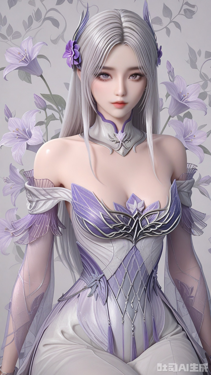 general, sfw, Glossy and violet flower background,1woman, Grey silver hair, solo, breast, exquisite skin, looking at viewer, sitting, very awa, masterpiece, best quality, highres, absurdres, newest, aesthetic,