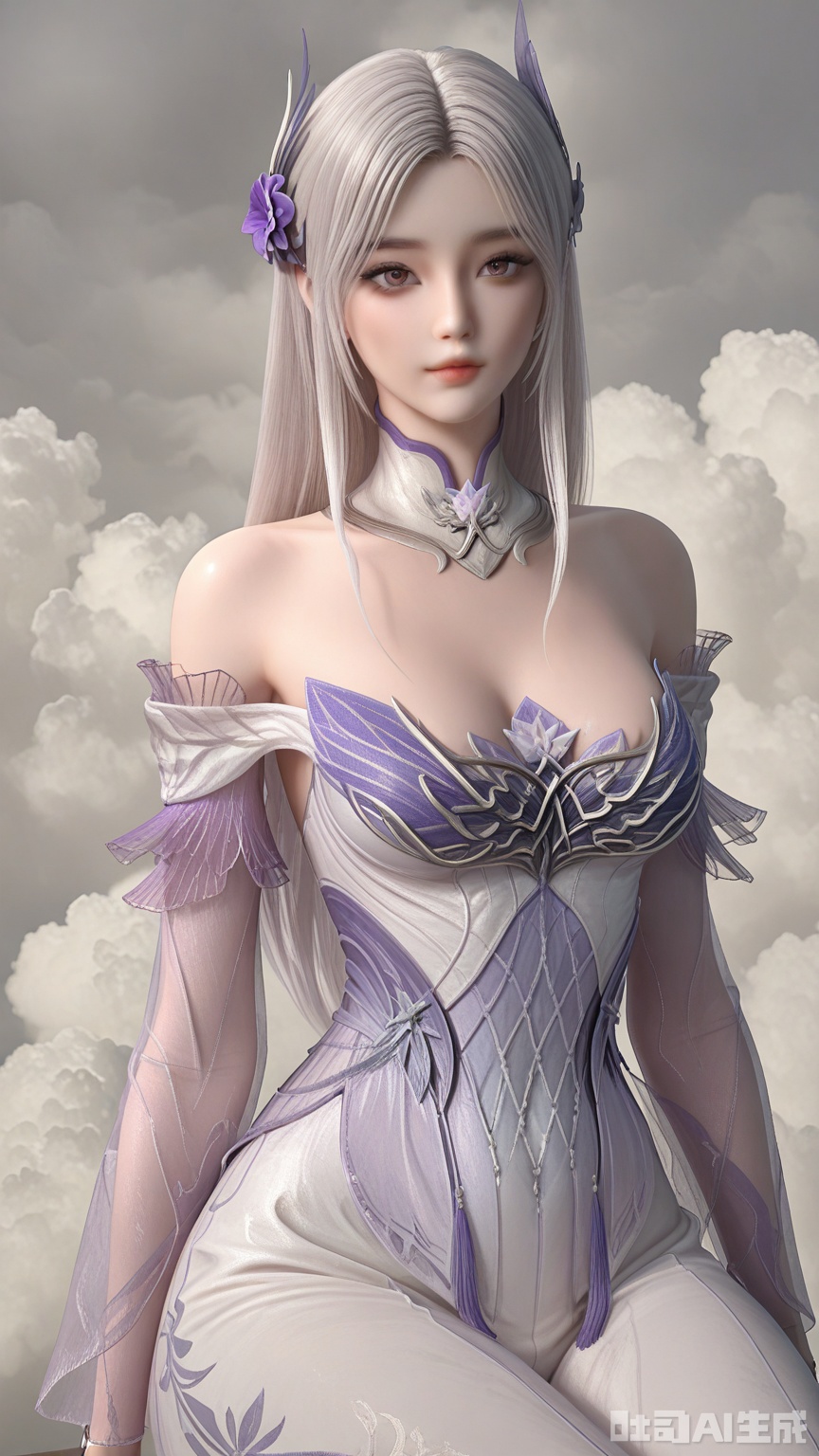 general, sfw, Solid Glossy and cloud background, 1woman, solo, breast, exquisite skin, looking at viewer, sitting, very awa, masterpiece, best quality, highres, absurdres, newest, aesthetic,