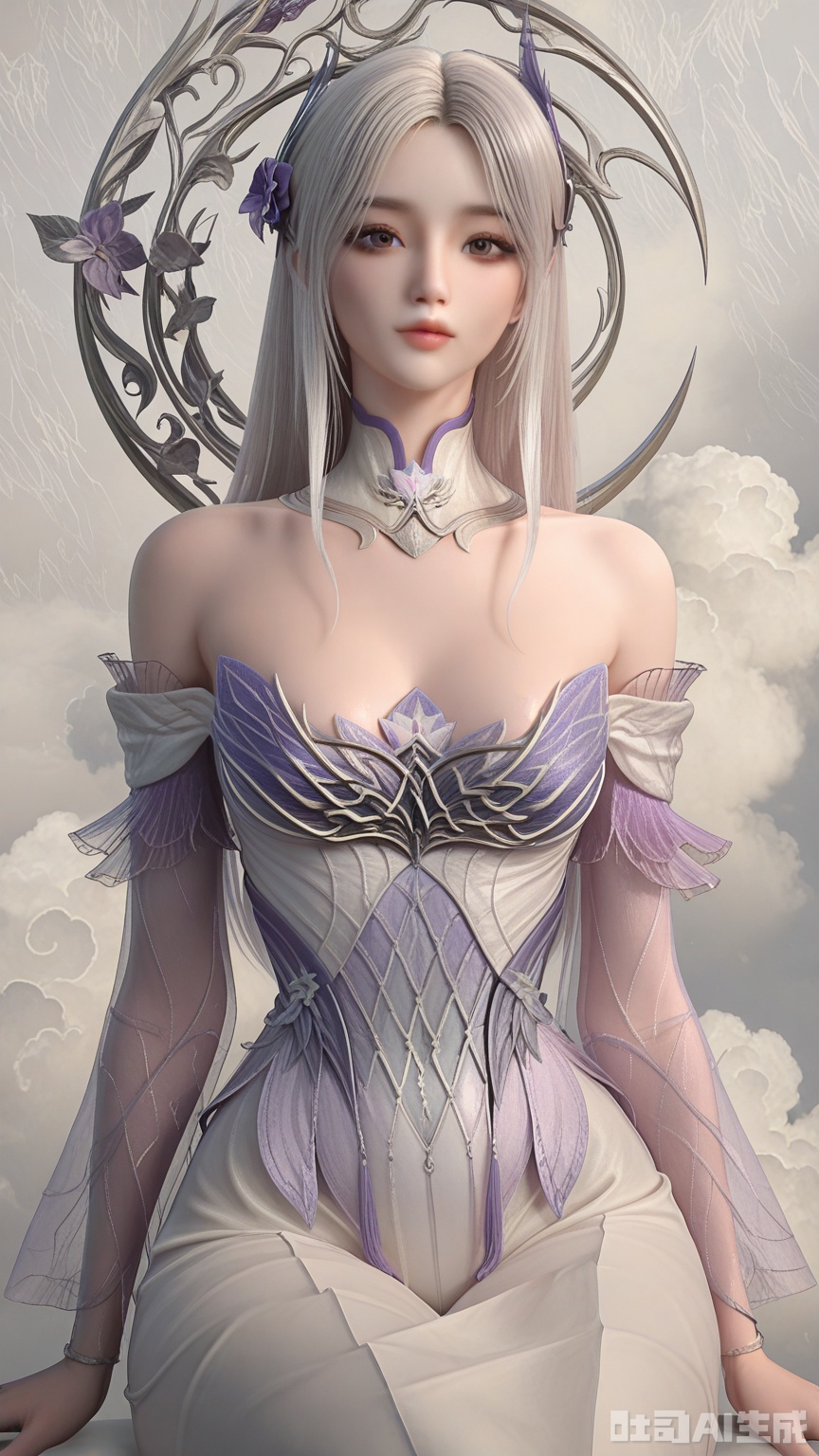 general, sfw, Solid Glossy and cloud background, 1woman, solo, breast, exquisite skin, looking at viewer, sitting, very awa, masterpiece, best quality, highres, absurdres, newest, aesthetic,