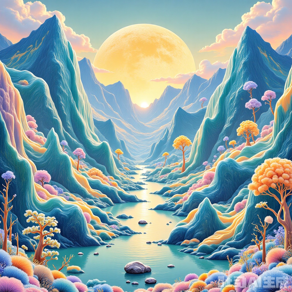 panda,Traditional texture,Colorful,The image showcases a surreal landscape. Dominating the scene are jagged,crystalline mountains with hues of teal and turquoise. These mountains are accentuated by golden-yellow ribbons that flow through their valleys,creating a contrast between the cool colors of the mountains and the warmth of the ribbons. In the sky,a large,golden moon with intricate patterns is prominently displayed. In the foreground,there are two golden trees with golden leaves,standing tall amidst the landscape. The overall atmosphere of the image is serene and dreamlike,with a blend of natural elements and fantastical elements.,adamdszs style,no humans,scenery,mountain,moon,outdoors,sky,landscape,nature,adamdscn style,dszs round platform,,ray tracing,shadows,ultra sharp,metal,((cold colors)),background illuminated,Epic CG masterpiece,(3D rendering),ultra high resolution,(masterpiece),(best quality),(super detailed),(extremely delicate and beautiful),cinematic light,detailed environment,(real),(ultra realistic details:1.5),(muscle tone and definition),(finely detailed features),stunning colors,cinematic lighting effects,light particles,light particle art,glowing,surreal,futurism,concept art,smoke,trending on art station,photoreal,8 k,octane render by greg rutkowski,