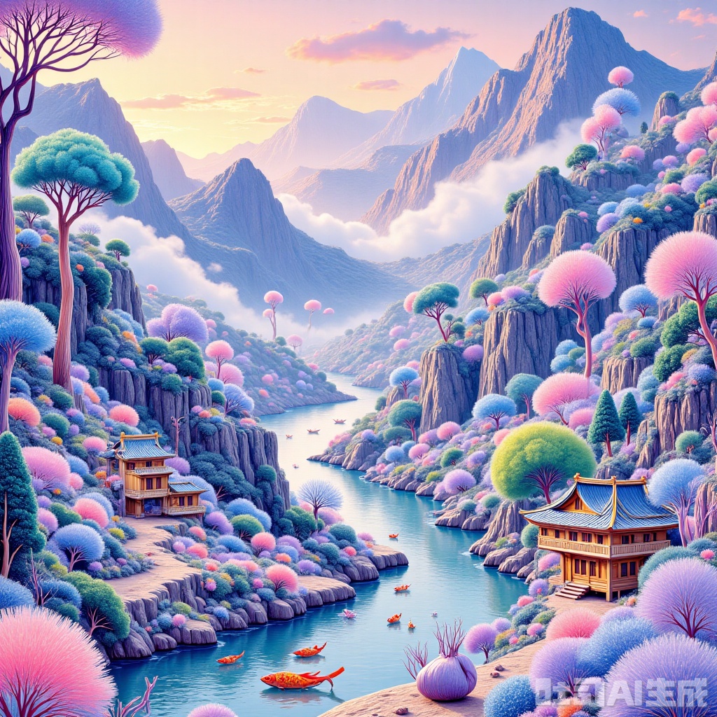 Ingredients Fairy Tale Village: Millet Cake Terraced Fields/Soy Milk River/Oat Cookies House/Purple Potato Tiles/Chocolate Pine Forest/Marshmallow Clouds/Lycium Berry and Koi, Chinese Style Watercolor, Soft Light Morning Fog, Overlooking the View, Surreal Edible Landscape --ar 3:2 --style rawThe art of ingredients,Colorful