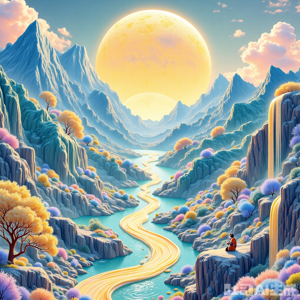 panda,Traditional texture,Colorful,The image showcases a surreal landscape. Dominating the scene are jagged,crystalline mountains with hues of teal and turquoise. These mountains are accentuated by golden-yellow ribbons that flow through their valleys,creating a contrast between the cool colors of the mountains and the warmth of the ribbons. In the sky,a large,golden moon with intricate patterns is prominently displayed. In the foreground,there are two golden trees with golden leaves,standing tall amidst the landscape. The overall atmosphere of the image is serene and dreamlike,with a blend of natural elements and fantastical elements.,adamdszs style,no humans,scenery,mountain,moon,outdoors,sky,landscape,nature,adamdscn style,dszs round platform,,ray tracing,shadows,ultra sharp,metal,((cold colors)),background illuminated,Epic CG masterpiece,(3D rendering),ultra high resolution,(masterpiece),(best quality),(super detailed),(extremely delicate and beautiful),cinematic light,detailed environment,(real),(ultra realistic details:1.5),(muscle tone and definition),(finely detailed features),stunning colors,cinematic lighting effects,light particles,light particle art,glowing,surreal,futurism,concept art,smoke,trending on art station,photoreal,8 k,octane render by greg rutkowski,