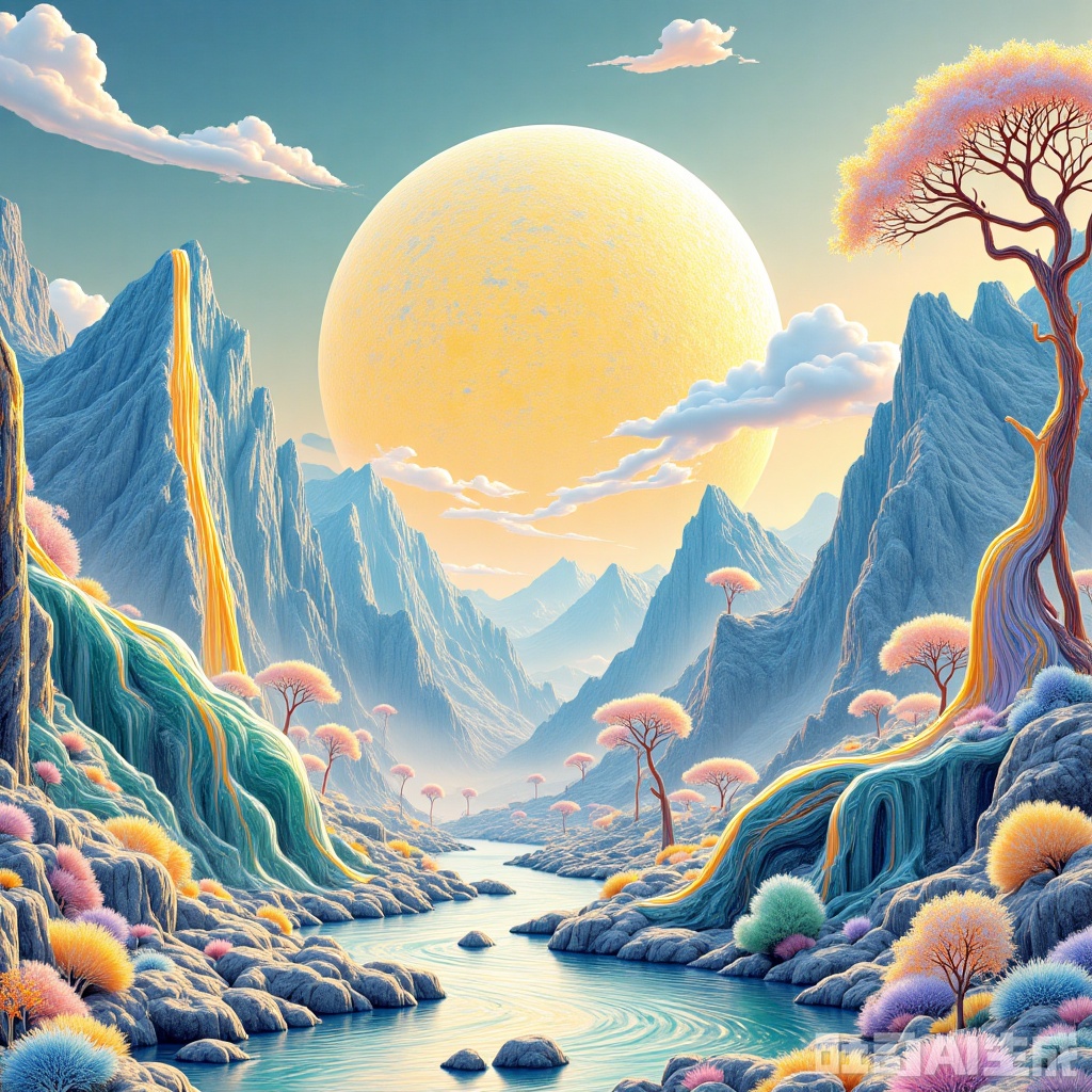 panda,Traditional texture,Colorful,The image showcases a surreal landscape. Dominating the scene are jagged,crystalline mountains with hues of teal and turquoise. These mountains are accentuated by golden-yellow ribbons that flow through their valleys,creating a contrast between the cool colors of the mountains and the warmth of the ribbons. In the sky,a large,golden moon with intricate patterns is prominently displayed. In the foreground,there are two golden trees with golden leaves,standing tall amidst the landscape. The overall atmosphere of the image is serene and dreamlike,with a blend of natural elements and fantastical elements.,adamdszs style,no humans,scenery,mountain,moon,outdoors,sky,landscape,nature,adamdscn style,dszs round platform,,ray tracing,shadows,ultra sharp,metal,((cold colors)),background illuminated,Epic CG masterpiece,(3D rendering),ultra high resolution,(masterpiece),(best quality),(super detailed),(extremely delicate and beautiful),cinematic light,detailed environment,(real),(ultra realistic details:1.5),(muscle tone and definition),(finely detailed features),stunning colors,cinematic lighting effects,light particles,light particle art,glowing,surreal,futurism,concept art,smoke,trending on art station,photoreal,8 k,octane render by greg rutkowski,