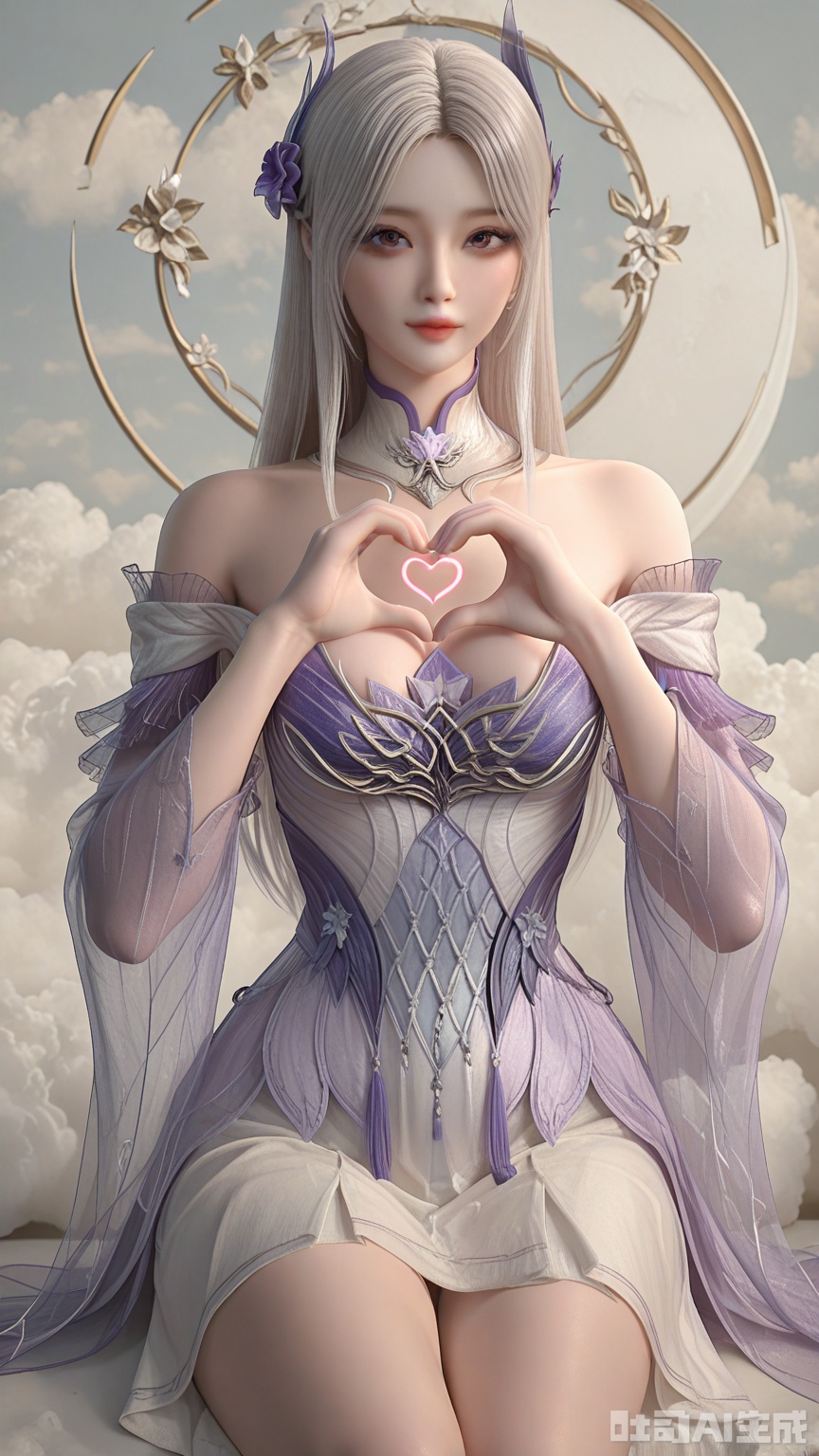 general, sfw, Solid Glossy and cloud background, 1woman, solo, breast, exquisite skin, looking at viewer, heart hand, sitting, very awa, masterpiece, best quality, highres, absurdres, newest, aesthetic,