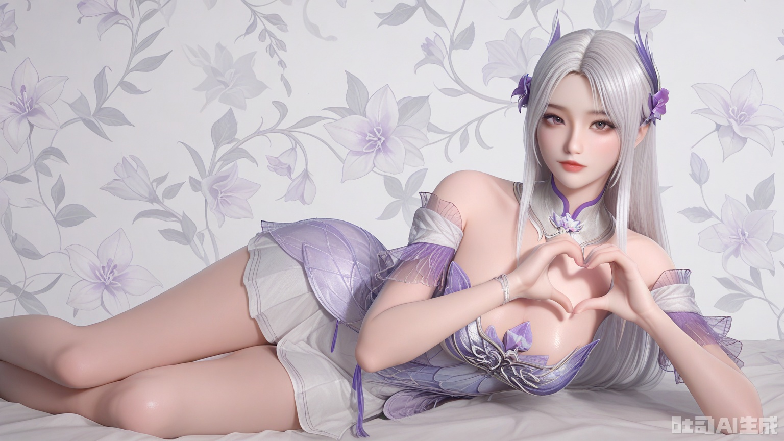 general, sfw, Glossy and violet flower background,1woman, white silver hair, solo, breast, exquisite skin, looking at viewer, on side, heart hand, legs, very awa, masterpiece, best quality, highres, absurdres, newest, aesthetic,
