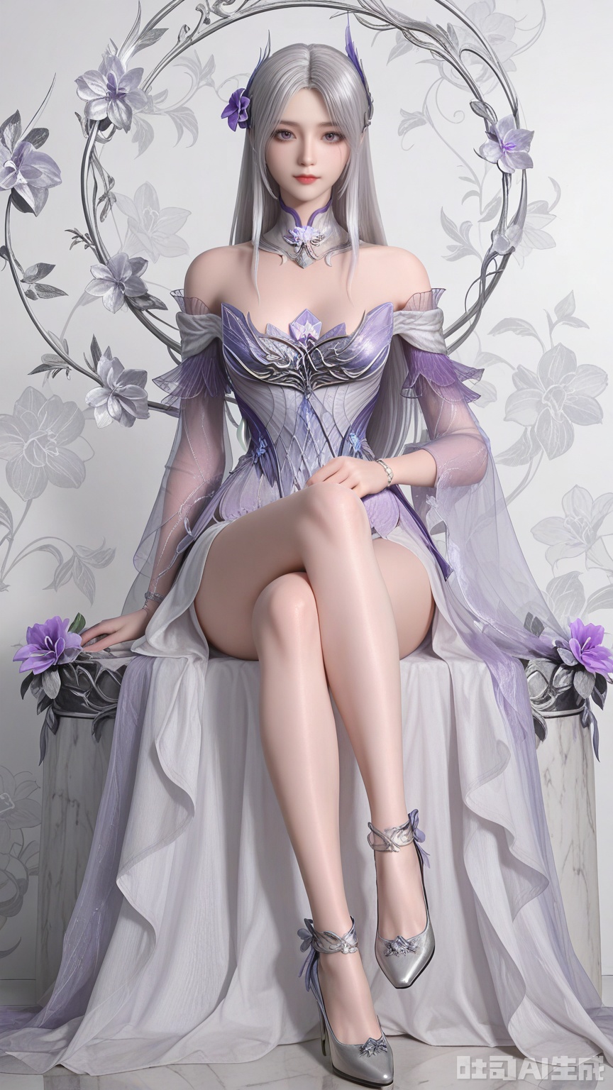 general, sfw, Glossy and violet flower background,1woman, Grey silver hair, solo, breast, exquisite skin, looking at viewer, sitting, high heels, very awa, masterpiece, best quality, highres, absurdres, newest, aesthetic,