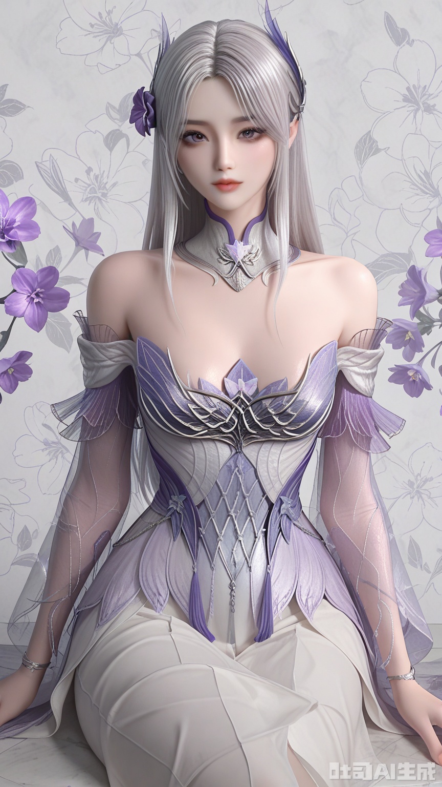 general, sfw, Glossy and violet flower background,1woman, Grey silver hair, solo, breast, exquisite skin, looking at viewer, sitting, very awa, masterpiece, best quality, highres, absurdres, newest, aesthetic,