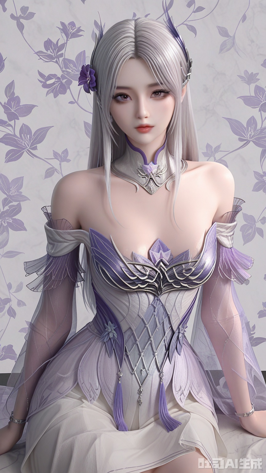 general, sfw, Glossy and violet flower background,1woman, Grey silver hair, solo, breast, exquisite skin, looking at viewer, sitting, very awa, masterpiece, best quality, highres, absurdres, newest, aesthetic,