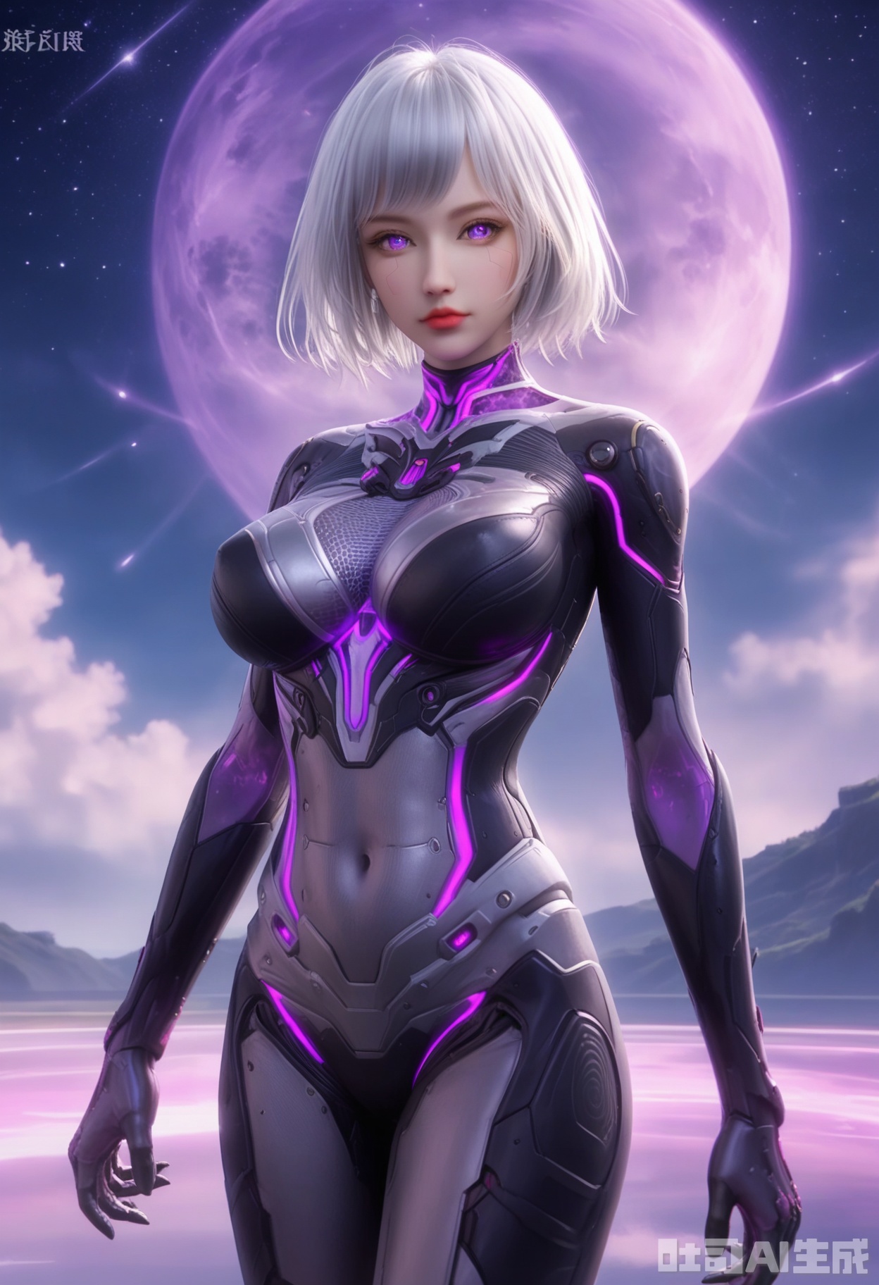 score_9,score_8_up,score_7_up,highly detailed,ultra-high best quality,masterpiece,realistic,ultra-fine painting,extreme detail description,Professional,Vivid Colors,(((extremely detailed CG unity 8k wallpaper))),an extremely delicate and beautiful,official art,sweet and delicate girl,delicate facial features,perfect bright figure,surrounded,Bright,romantic long hair,natural light,warm and sweet,a girl,
1girl, solo, breasts, looking at viewer, short hair, purple eyes, white hair, cowboy shot,cloud, lips, bodysuit, covered navel, glowing,skin tight, science fiction,
(in a meadow:1.3),(night:1.2),(stars:1.3),((perfect legs:1.2)),(large breasts:1.2),
