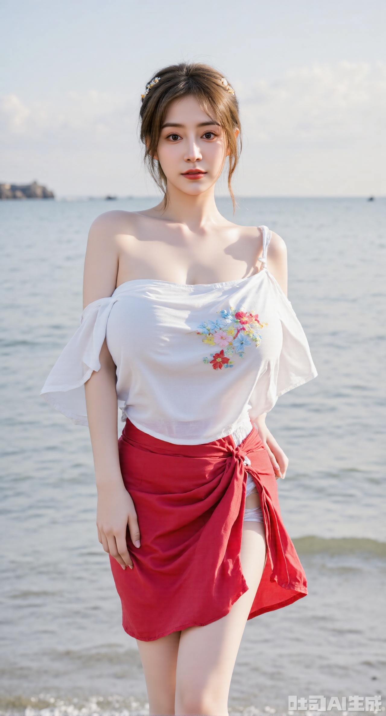 masterpiece, best quality, 1girl,solo,looking at viewer,( outdoor:1.3),sea,beach,realistic,midriff,bare shoulders,standting,hair ornament,black hair,jewelry,brown hair,parted lips,skirt,red skirt,cowboy shot, (huge breasts, full breasts),Xhanfududou