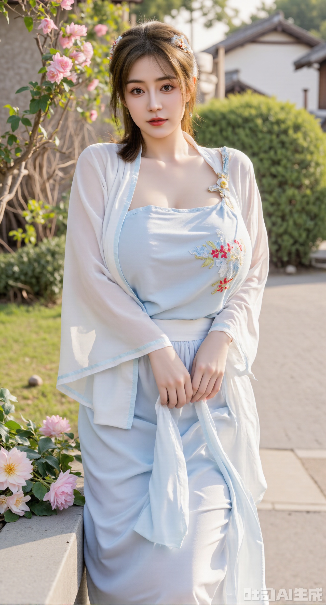 masterpiece, best quality, highres, extremely detailed, 1girl,(hanfu dress:1.26),looking at viewer,indoors, (big breasts:2.69),Depth of field,garden of the sun,shiny,flowers, garden, 1girl, (Lotus:1.39), (butterflies, ultra detailed, glary,Light, light particles,glitter,reflect:1.29), (huge breasts, full breasts),Xhanfududou
