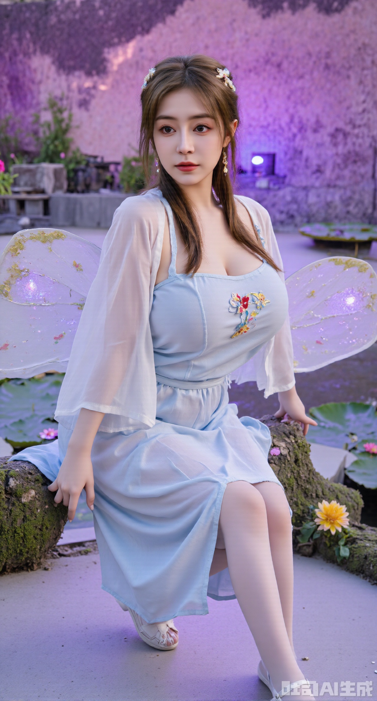(masterpiece, best quality:1.2),1girl,looking_at_viewer,huge_breasts,,long legs,realistic,A captivating fantasy elf portrait set in a surreal, floating garden in the sky. The elf, with iridescent, translucent wings like those of a dragonfly, sits gracefully on a floating crystal lily pad. Her flowing hair shimmers with every color of the rainbow and cascades down, merging with the floating flora around her. Her eyes are deep pools of starlight, and her delicate, silver gown is adorned with tiny, twinkling constellations. The garden is filled with glowing, bioluminescent flowers and whimsical, hovering orbs of light. The backdrop features a swirling nebula sky with vibrant hues of pink and purple, creating a dreamlike, cosmic atmosphere. The portrait combines elements of ethereal beauty and celestial wonder, blending fantasy with a touch of otherworldly magic.,high_heel,, argyle legwear,star \(symbol\,yeqingxian,brown hair,(huge breasts:2.99),(full breasts:2.99),