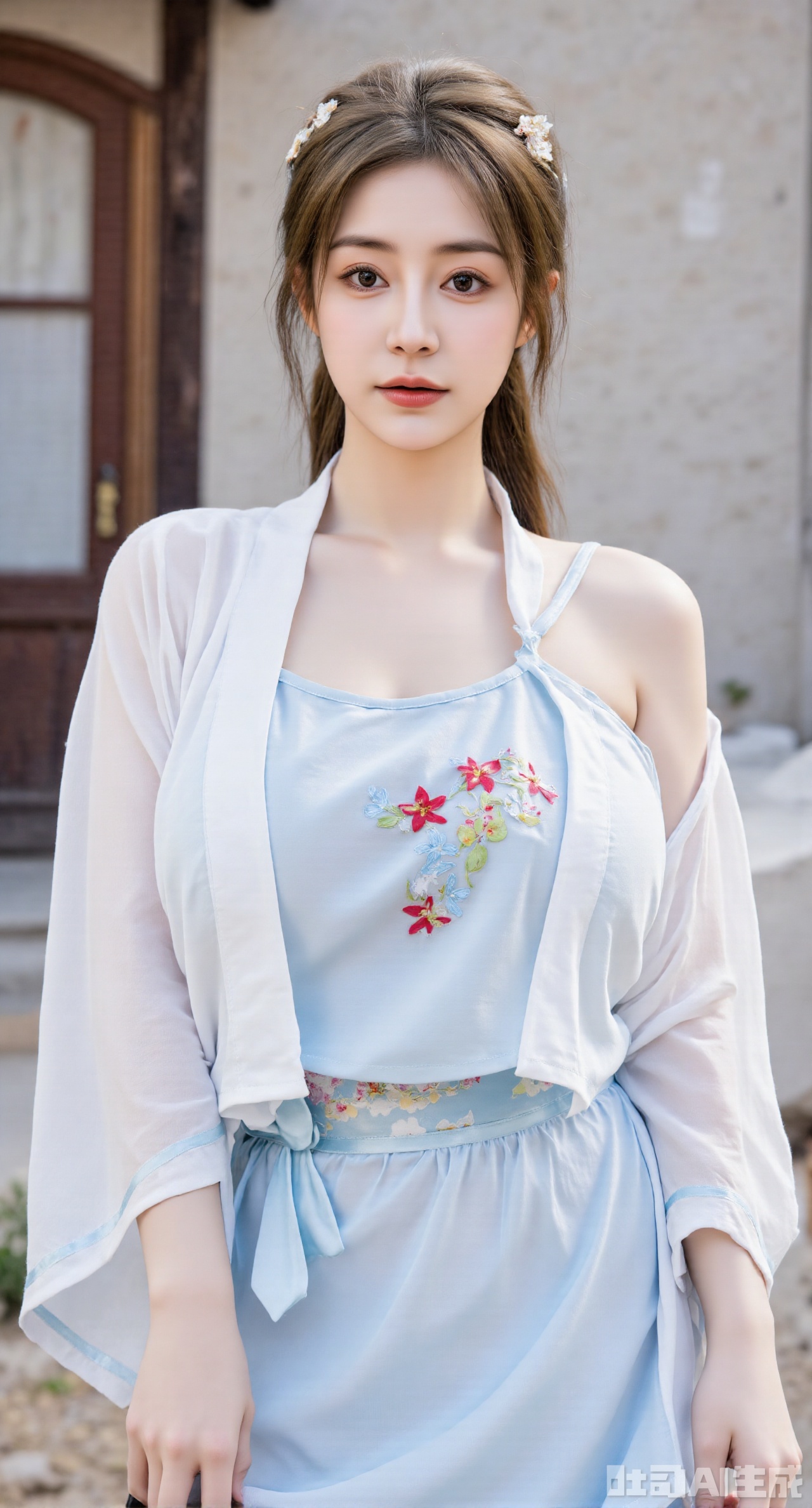 masterpiece, best quality, 1girl, (colorful hanfu:1.3), bare_shoulders, wide_sleeves, light_particles, Blue eyes,pink_butterfly, flowers, blue flowers,Upper body, star_\(sky\),, (huge breasts, full breasts),Xhanfududou