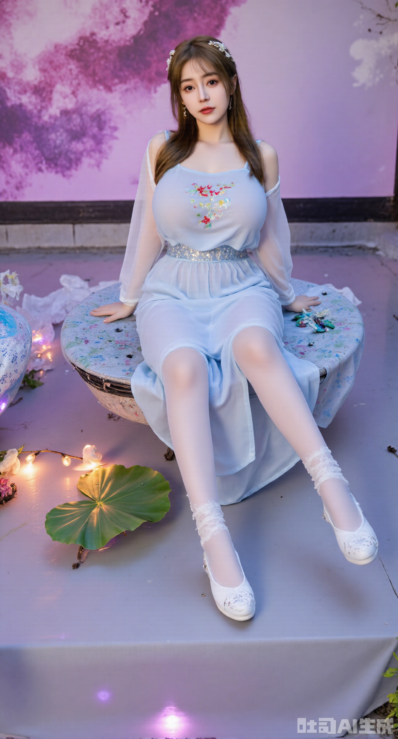 (masterpiece, best quality:1.2),1girl,looking_at_viewer,huge_breasts,,long legs,realistic,A captivating fantasy elf portrait set in a surreal, floating garden in the sky. The elf, with iridescent, translucent wings like those of a dragonfly, sits gracefully on a floating crystal lily pad. Her flowing hair shimmers with every color of the rainbow and cascades down, merging with the floating flora around her. Her eyes are deep pools of starlight, and her delicate, silver gown is adorned with tiny, twinkling constellations. The garden is filled with glowing, bioluminescent flowers and whimsical, hovering orbs of light. The backdrop features a swirling nebula sky with vibrant hues of pink and purple, creating a dreamlike, cosmic atmosphere. The portrait combines elements of ethereal beauty and celestial wonder, blending fantasy with a touch of otherworldly magic.,high_heel,, argyle legwear,star \(symbol\,yeqingxian,brown hair,(huge breasts:2.99),(full breasts:2.99),