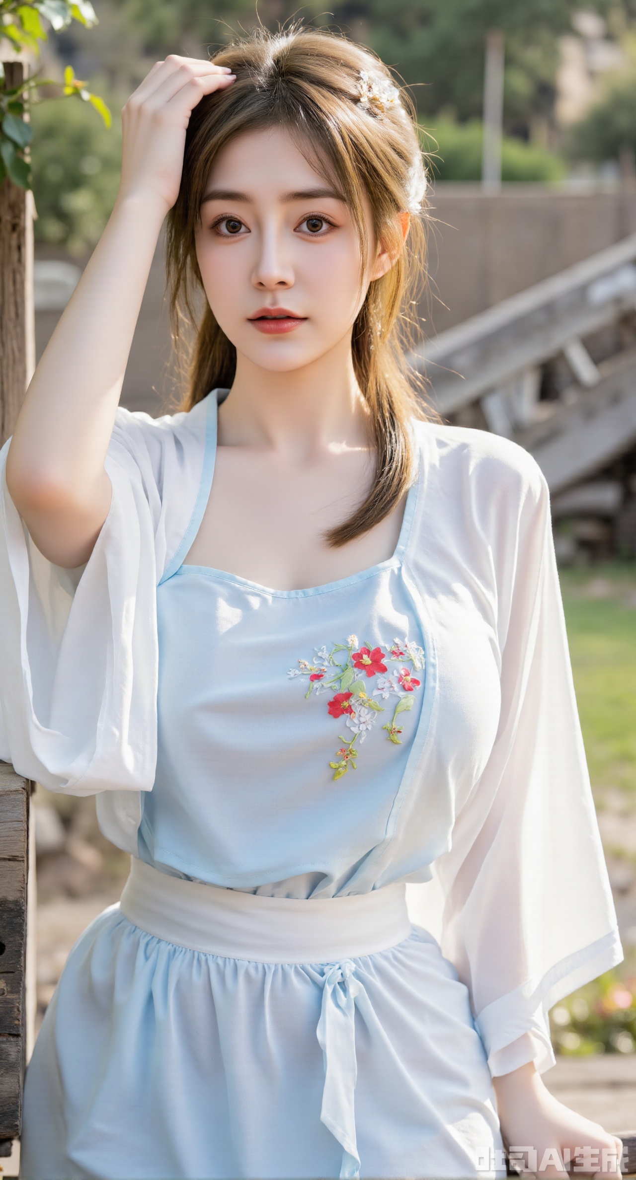 masterpiece, best quality, highres, extremely detailed, 1girl,(hanfu dress:1.26),looking at viewer,indoors, (big breasts:2.69),Depth of field,garden of the sun,shiny,flowers, garden, 1girl, (Lotus:1.39), (butterflies, ultra detailed, glary,Light, light particles,glitter,reflect:1.29), (huge breasts, full breasts),Xhanfududou