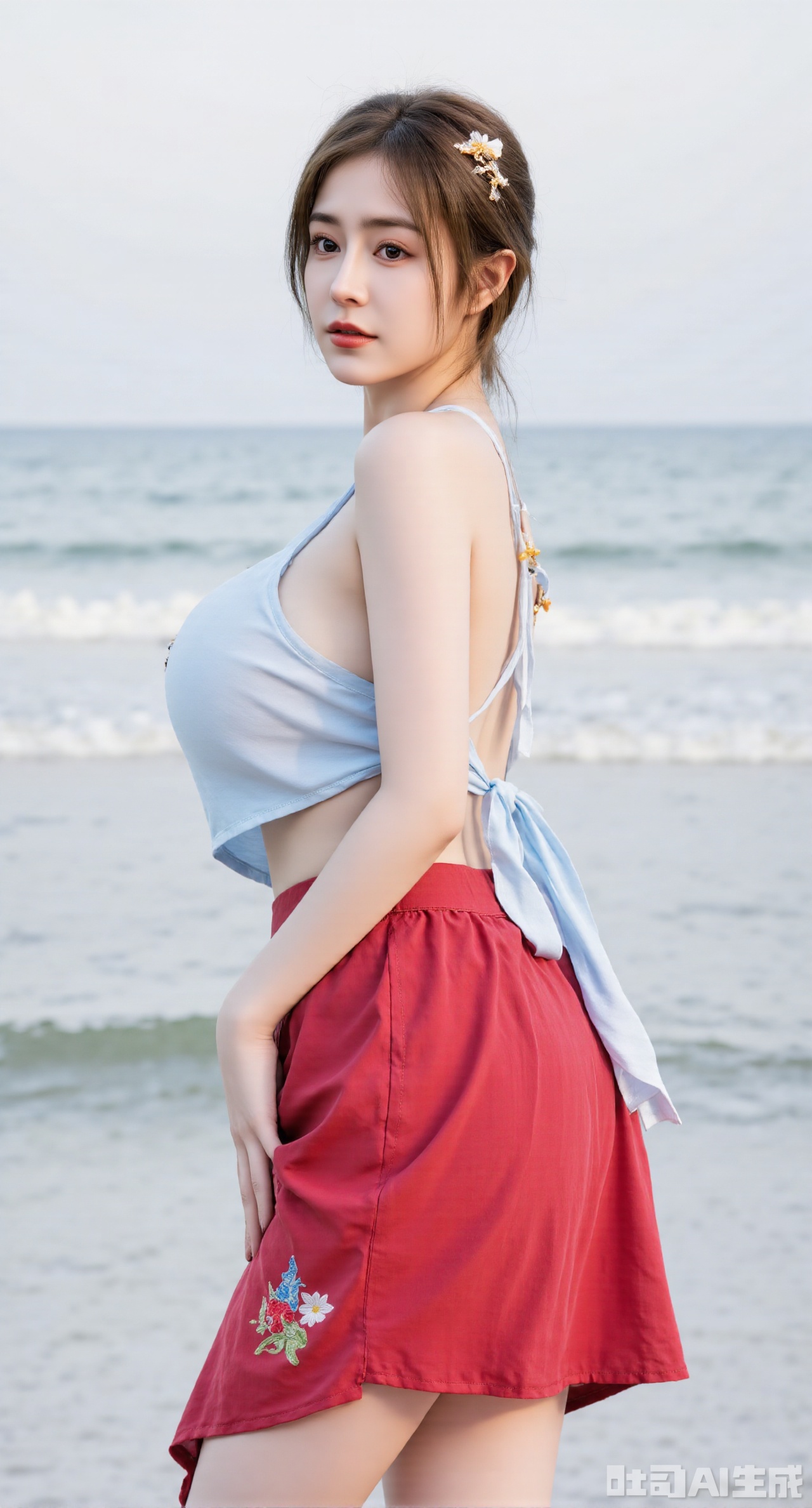 masterpiece, best quality, 1girl,solo,looking at viewer,( outdoor:1.3),sea,beach,realistic,midriff,bare shoulders,standting,hair ornament,black hair,jewelry,brown hair,parted lips,skirt,red skirt,cowboy shot, (huge breasts, full breasts),Xhanfududou