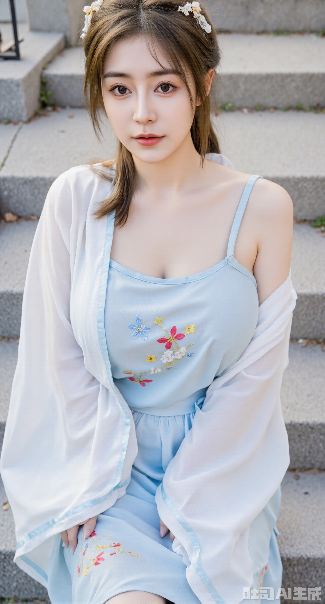 masterpiece, best quality, 1girl, (colorful hanfu:1.3), bare_shoulders, wide_sleeves, light_particles, Blue eyes,pink_butterfly, flowers, blue flowers,Upper body, star_\(sky\),, (huge breasts, full breasts),Xhanfududou