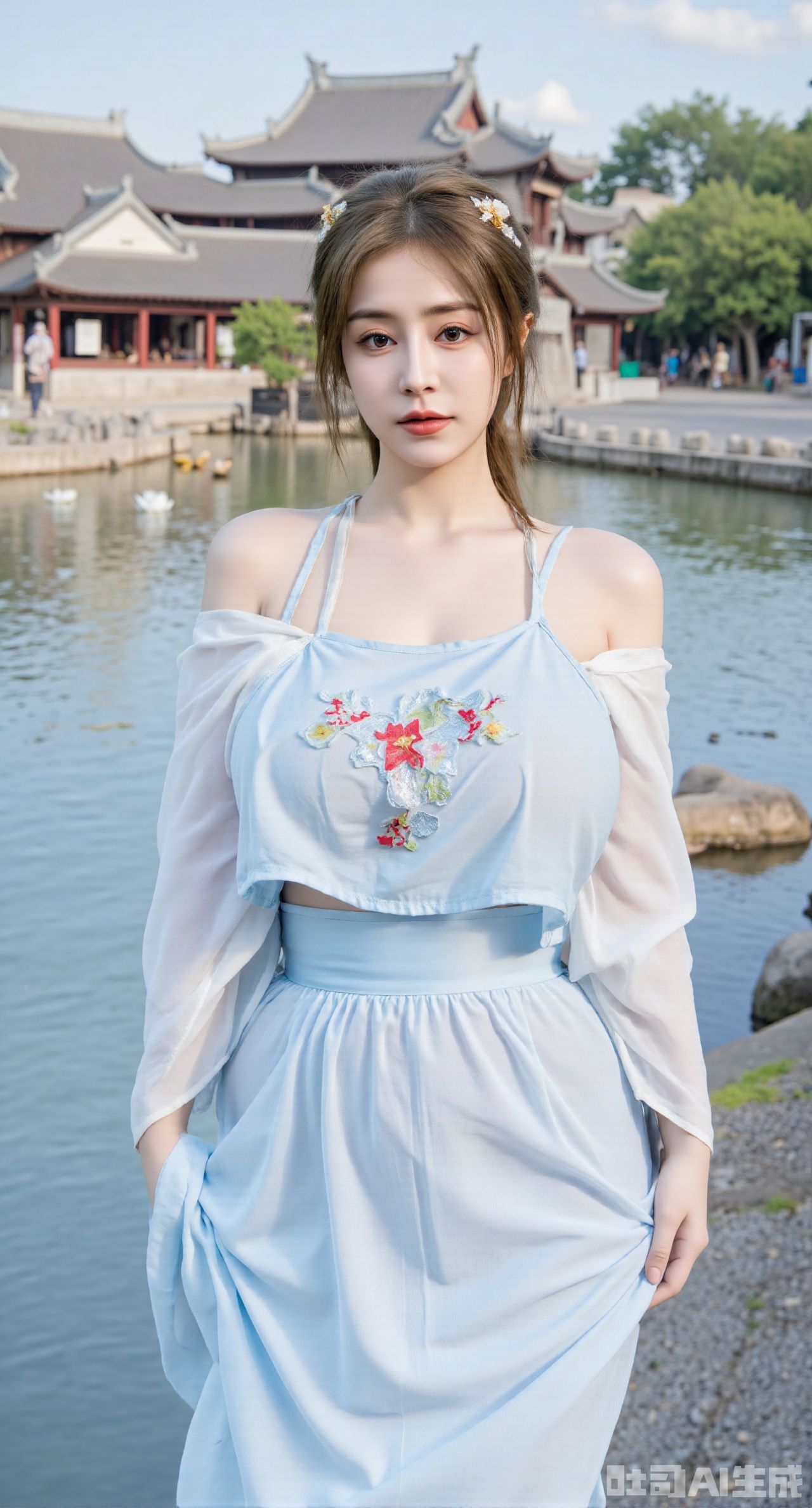 masterpiece, best quality, girl, navel, solo, midriff, bare shoulders, hair ornament,(long hair),(High double ponytail:1.49), red lips, BREAK, (looking at viewer:1.39), chinese clothes,(Holographic dress:1.36), (lace:1.28), BREAK,blurry, solo focus, long hair, lips, daytime, lipstick, outdoors, standing,upper body,(huge breasts:2.99), (full breasts:2.99),background, solo, makeup,Xyunxiao,(Lotus,Water Lily,Blue sky,full moon:1.39),(Lotus pond,ancient Chinese architecture:1.39), (huge breasts, full breasts),Xhanfududou