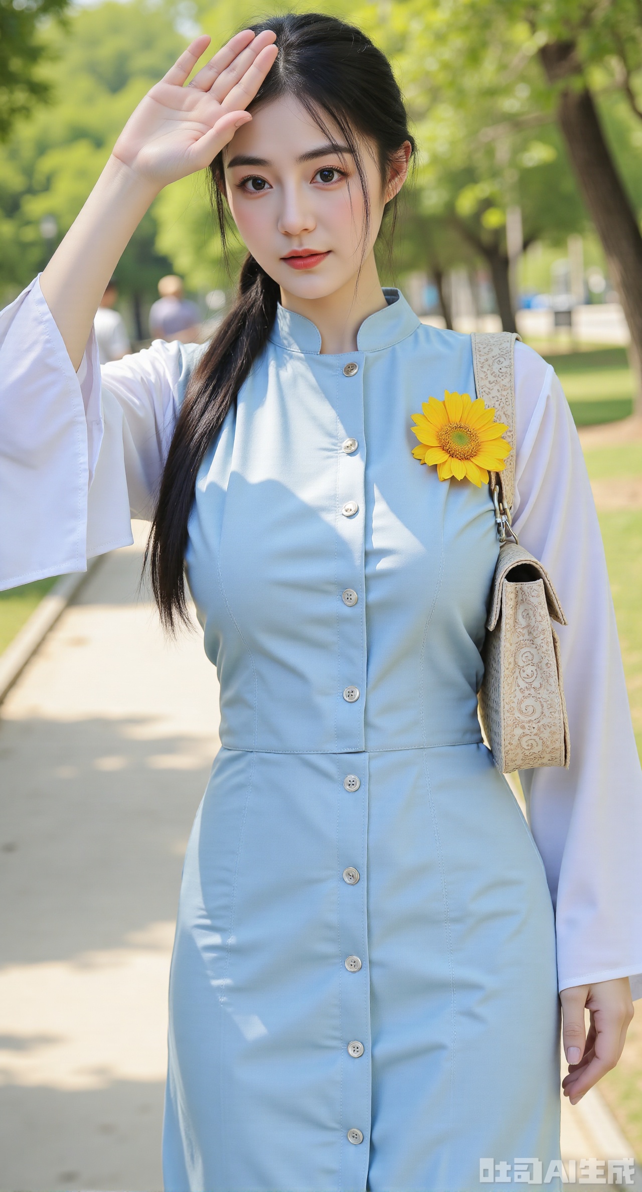 (masterpiece:1.2),best quality,,The image is a high-resolution photograph featuring a young Asian woman standing outdoors on a sunny day. She has a fair complexion and long,straight dark brown hair styled in a single braid that drapes over her left shoulder. Her bangs are straight and frame her face. She is wearing a light blue,sleeveless dress made of a soft,textured fabric with a high neckline and a button-down front. The dress is paired with a long-sleeved white blouse underneath,adding a layer of warmth and elegance.,
She holds her right hand up to shield her eyes from the sun,casting a gentle shadow over her face. A large,yellow sunflower brooch adorns her left shoulder,adding a pop of color and a playful touch to her outfit.,
In her left hand,she carries a woven,cream-colored shoulder bag with intricate patterns,which complements her outfit. The background is slightly blurred,showcasing a sunlit,tree-lined path that suggests a park or garden setting. The sunlight casts soft shadows and highlights,creating a warm and inviting atmosphere. The overall mood of the image is cheerful and relaxed,capturing a moment of casual elegance in an outdoor setting.,,(huge breasts:2.99),(full breasts:2.99),Xyunxiao,XyunxiaoYK,Xdixionglianyiqun,Xmiaozufushi,Xqilinxianzi,XTifaLockhart,Xjinshenjianshenfu,Xbigbreasts,Xrixirenxiangsheying,XzhaoxiangerX,Xnanxiaochen2,Xyinyue2,Xchenjiajia,Xhanfusiwa,Xmengru,Xweijinfenghanfu
