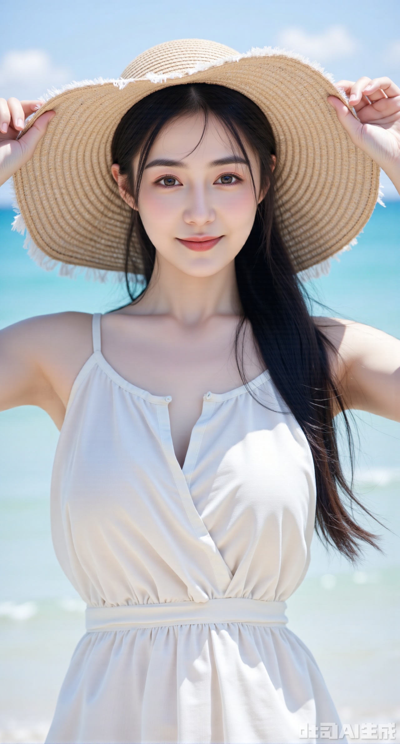 (masterpiece:1.2),best quality,This is a vibrant,high-resolution photograph capturing a young Asian woman standing on a beach. The subject is centered in the frame,facing the camera with a gentle,radiant smile. She has long,straight black hair with bangs framing her face,and her skin is fair with a natural,healthy glow. She is wearing a light,airy,sleeveless white dress made of a soft,flowing fabric that gently drapes over her slender physique. The dress has a slightly translucent quality,allowing a hint of her skin to show through.,
The woman is adjusting a large,straw sunhat with a wide brim,held up by her hands. The hat is woven from natural fibers,giving it a textured,rustic appearance. The sunhat's brim is edged with a fringed trim,adding a touch of whimsy to the overall look.,
In the background,the ocean stretches out,its turquoise water meeting the sky in a seamless gradient. The waves gently lap at the shore,adding a sense of movement and tranquility to the scene. The sky is clear and blue,with a few wispy clouds scattered across it. The overall mood of the photograph is light,carefree,and summery.,,(huge breasts:2.99),(full breasts:2.99),Xyunxiao,XyunxiaoYK,Xdixionglianyiqun,Xmiaozufushi,Xqilinxianzi,XTifaLockhart,Xjinshenjianshenfu,Xbigbreasts,Xrixirenxiangsheying,XzhaoxiangerX,Xnanxiaochen2,Xyinyue2,Xchenjiajia,Xhanfusiwa,Xmengru,Xweijinfenghanfu