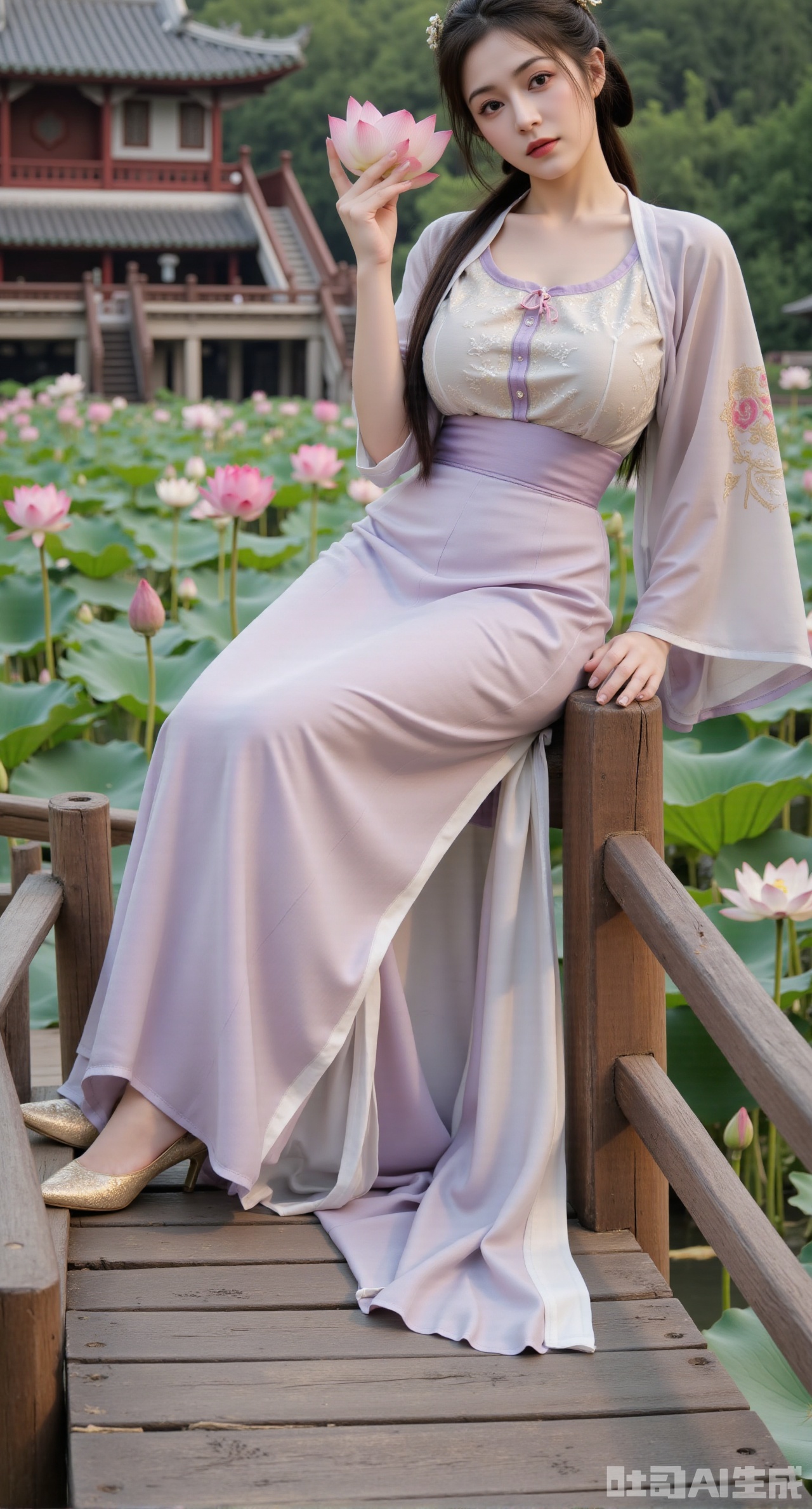 (masterpiece:1.2),best quality,The image is a digital illustration of a young woman sitting on a wooden bench in a pond with lily pads. She is wearing a long dress with design on the chest and sleeves. The dress has a high neckline and short sleeves,Holding a lotus in hand. She has long dark hair styled in loose waves and is wearing gold high heels. The woman is posing with one hand on her hip and the other resting on the edge of the bench. The background is filled with pink and white lotus flowers and green leaves. The overall mood of the image is peaceful and serene,(huge breasts:2.99),(full breasts:2.99),(Background with traditional Chinese architecture, lotus pond and pink lotus flowers:1.39),Xyunxiao,XyunxiaoYK,Xdixionglianyiqun,Xmiaozufushi,Xqilinxianzi,XTifaLockhart,Xjinshenjianshenfu,Xbigbreasts,Xrixirenxiangsheying,XzhaoxiangerX,Xnanxiaochen2,Xyinyue2,Xchenjiajia,Xhanfusiwa,Xmengru,Xweijinfenghanfu