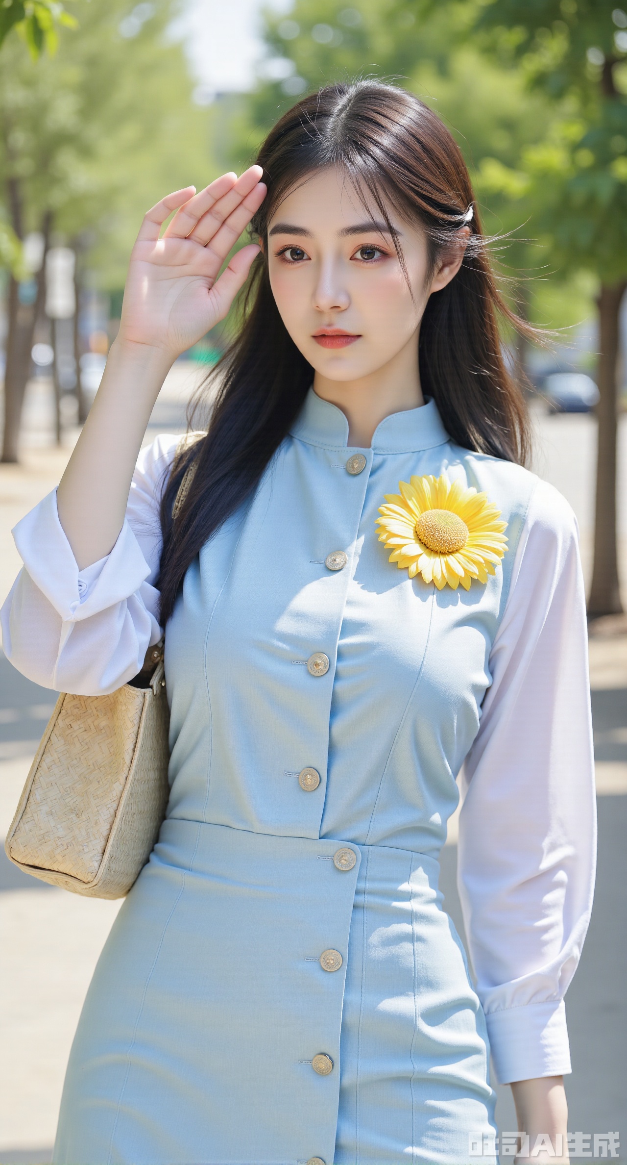 (masterpiece:1.2),best quality,,The image is a high-resolution photograph featuring a young Asian woman standing outdoors on a sunny day. She has a fair complexion and long,straight dark brown hair styled in a single braid that drapes over her left shoulder. Her bangs are straight and frame her face. She is wearing a light blue,sleeveless dress made of a soft,textured fabric with a high neckline and a button-down front. The dress is paired with a long-sleeved white blouse underneath,adding a layer of warmth and elegance.,
She holds her right hand up to shield her eyes from the sun,casting a gentle shadow over her face. A large,yellow sunflower brooch adorns her left shoulder,adding a pop of color and a playful touch to her outfit.,
In her left hand,she carries a woven,cream-colored shoulder bag with intricate patterns,which complements her outfit. The background is slightly blurred,showcasing a sunlit,tree-lined path that suggests a park or garden setting. The sunlight casts soft shadows and highlights,creating a warm and inviting atmosphere. The overall mood of the image is cheerful and relaxed,capturing a moment of casual elegance in an outdoor setting.,,(huge breasts:2.99),(full breasts:2.99),Xyunxiao,XyunxiaoYK,Xdixionglianyiqun,Xmiaozufushi,Xqilinxianzi,XTifaLockhart,Xjinshenjianshenfu,Xbigbreasts,Xrixirenxiangsheying,XzhaoxiangerX,Xnanxiaochen2,Xyinyue2,Xchenjiajia,Xhanfusiwa,Xmengru,Xweijinfenghanfu