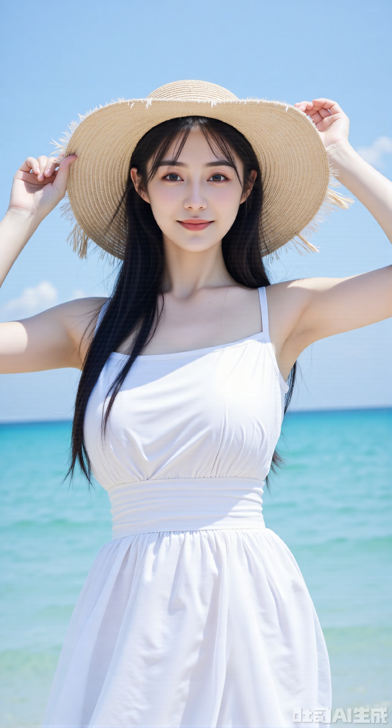 (masterpiece:1.2),best quality,This is a vibrant,high-resolution photograph capturing a young Asian woman standing on a beach. The subject is centered in the frame,facing the camera with a gentle,radiant smile. She has long,straight black hair with bangs framing her face,and her skin is fair with a natural,healthy glow. She is wearing a light,airy,sleeveless white dress made of a soft,flowing fabric that gently drapes over her slender physique. The dress has a slightly translucent quality,allowing a hint of her skin to show through.,
The woman is adjusting a large,straw sunhat with a wide brim,held up by her hands. The hat is woven from natural fibers,giving it a textured,rustic appearance. The sunhat's brim is edged with a fringed trim,adding a touch of whimsy to the overall look.,
In the background,the ocean stretches out,its turquoise water meeting the sky in a seamless gradient. The waves gently lap at the shore,adding a sense of movement and tranquility to the scene. The sky is clear and blue,with a few wispy clouds scattered across it. The overall mood of the photograph is light,carefree,and summery.,,(huge breasts:2.99),(full breasts:2.99),Xyunxiao,XyunxiaoYK,Xdixionglianyiqun,Xmiaozufushi,Xqilinxianzi,XTifaLockhart,Xjinshenjianshenfu,Xbigbreasts,Xrixirenxiangsheying,XzhaoxiangerX,Xnanxiaochen2,Xyinyue2,Xchenjiajia,Xhanfusiwa,Xmengru,Xweijinfenghanfu