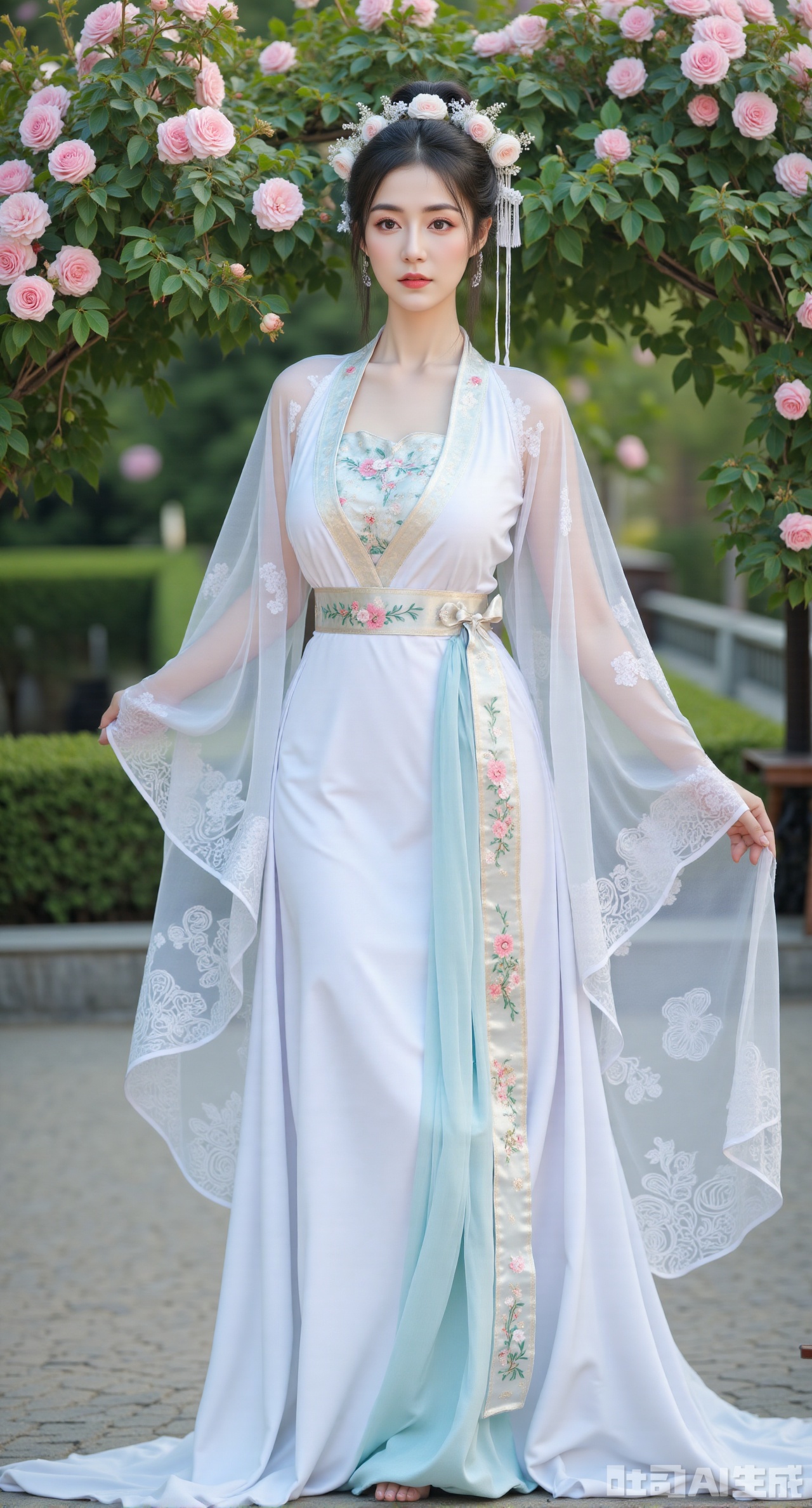 (masterpiece:1.2),best quality,,A woman adorned in traditional Chinese attire,featuring a flowing robe with intricate embroidery and floral accents. A garden filled with pink roses and lush greenery. Soft pastel hues of white,blue,and green,creating a serene atmosphere. Photorealistic photography.,,(huge breasts:2.99),(full breasts:2.99),Xyunxiao,XyunxiaoYK,Xdixionglianyiqun,Xmiaozufushi,Xqilinxianzi,XTifaLockhart,Xjinshenjianshenfu,Xbigbreasts,Xrixirenxiangsheying,XzhaoxiangerX,Xnanxiaochen2,Xyinyue2,Xchenjiajia,Xhanfusiwa,Xmengru,Xweijinfenghanfu