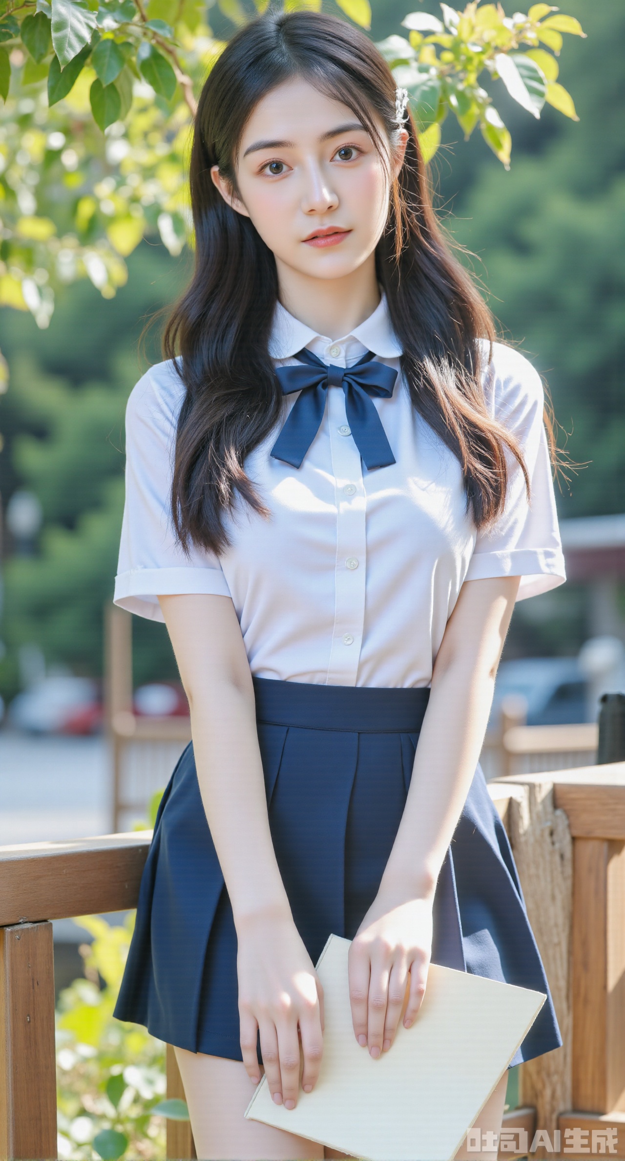(masterpiece, best quality:1.2),This high-resolution image captures a young woman exuding a pure and sweet charm,dressed in a classic JK school uniform. She is wearing a crisp white collared shirt with slightly puffed sleeves,paired with a neatly tied navy-blue bowtie at her neck. The outfit is completed with a high-waisted pleated skirt in a matching navy-blue tone,perfectly accentuating her youthful and elegant demeanor., Her hair is styled in a soft,natural wave,cascading over her shoulders,with a simple hairpin adding a subtle but polished detail. She is standing outdoors near a quiet school courtyard,with an open notebook in her hand,as if caught mid-study. The sunlight gently filters through the tree leaves above,casting soft shadows and illuminating her delicate features,highlighting her clear skin and expressive,doe-like eyes with double eyelids and long,natural lashes., The serene environment of the courtyard features a low wooden fence,(huge breasts:2.99),(full breasts:2.99),Xyunxiao,XyunxiaoYK,Xdixionglianyiqun,Xmiaozufushi,Xqilinxianzi,XTifaLockhart,Xjinshenjianshenfu,Xbigbreasts,Xrixirenxiangsheying,XzhaoxiangerX,Xnanxiaochen2,Xyinyue2,Xchenjiajia,Xhanfusiwa,Xmengru,Xweijinfenghanfu