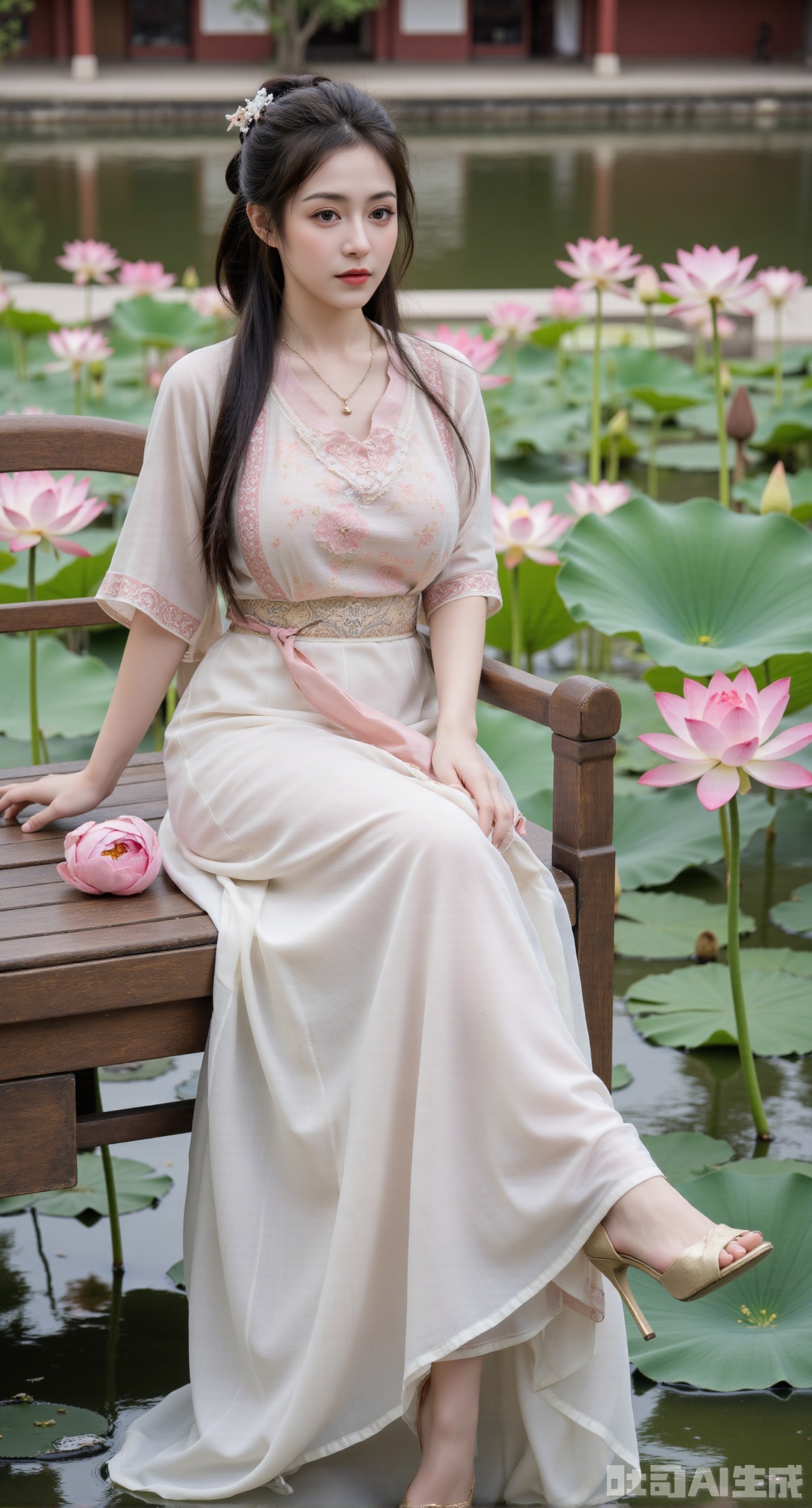 (masterpiece:1.2),best quality,The image is a digital illustration of a young woman sitting on a wooden bench in a pond with lily pads. She is wearing a long dress with design on the chest and sleeves. The dress has a high neckline and short sleeves,Holding a lotus in hand. She has long dark hair styled in loose waves and is wearing gold high heels. The woman is posing with one hand on her hip and the other resting on the edge of the bench. The background is filled with pink and white lotus flowers and green leaves. The overall mood of the image is peaceful and serene,(huge breasts:2.99),(full breasts:2.99),(Background with traditional Chinese architecture, lotus pond and pink lotus flowers:1.39),Xyunxiao,XyunxiaoYK,Xdixionglianyiqun,Xmiaozufushi,Xqilinxianzi,XTifaLockhart,Xjinshenjianshenfu,Xbigbreasts,Xrixirenxiangsheying,XzhaoxiangerX,Xnanxiaochen2,Xyinyue2,Xchenjiajia,Xhanfusiwa,Xmengru,Xweijinfenghanfu