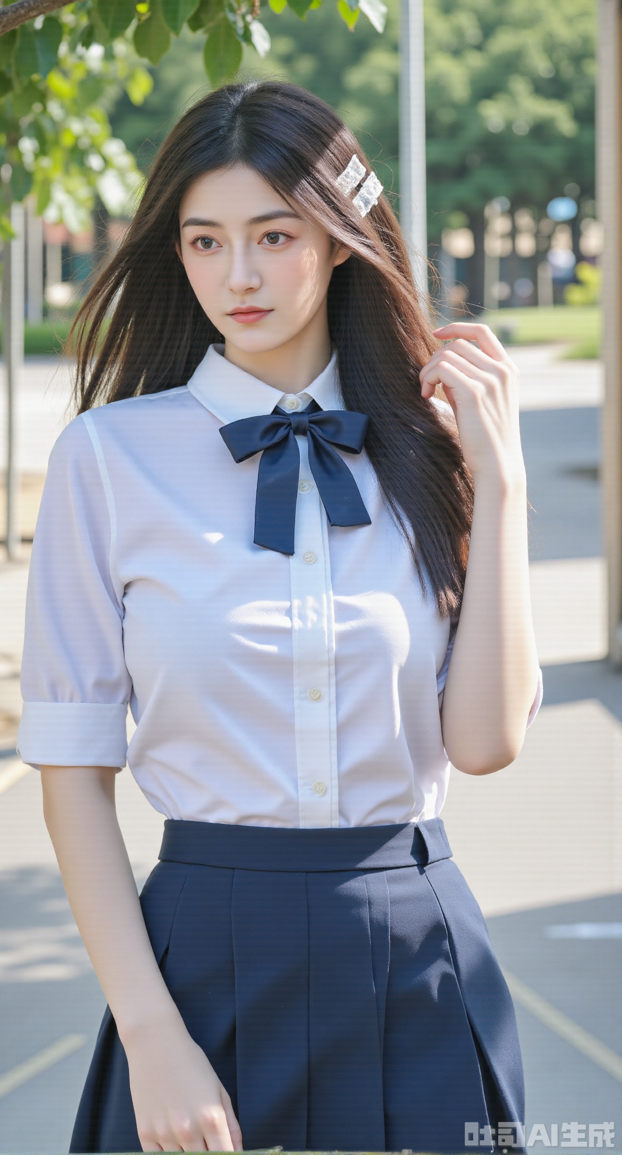 (masterpiece, best quality:1.2),This high-resolution image captures a young woman exuding a pure and sweet charm,dressed in a classic JK school uniform. She is wearing a crisp white collared shirt with slightly puffed sleeves,paired with a neatly tied navy-blue bowtie at her neck. The outfit is completed with a high-waisted pleated skirt in a matching navy-blue tone,perfectly accentuating her youthful and elegant demeanor., Her hair is styled in a soft,natural wave,cascading over her shoulders,with a simple hairpin adding a subtle but polished detail. She is standing outdoors near a quiet school courtyard,with an open notebook in her hand,as if caught mid-study. The sunlight gently filters through the tree leaves above,casting soft shadows and illuminating her delicate features,highlighting her clear skin and expressive,doe-like eyes with double eyelids and long,natural lashes., The serene environment of the courtyard features a low wooden fence,(huge breasts:2.99),(full breasts:2.99),Xyunxiao,XyunxiaoYK,Xdixionglianyiqun,Xmiaozufushi,Xqilinxianzi,XTifaLockhart,Xjinshenjianshenfu,Xbigbreasts,Xrixirenxiangsheying,XzhaoxiangerX,Xnanxiaochen2,Xyinyue2,Xchenjiajia,Xhanfusiwa,Xmengru,Xweijinfenghanfu