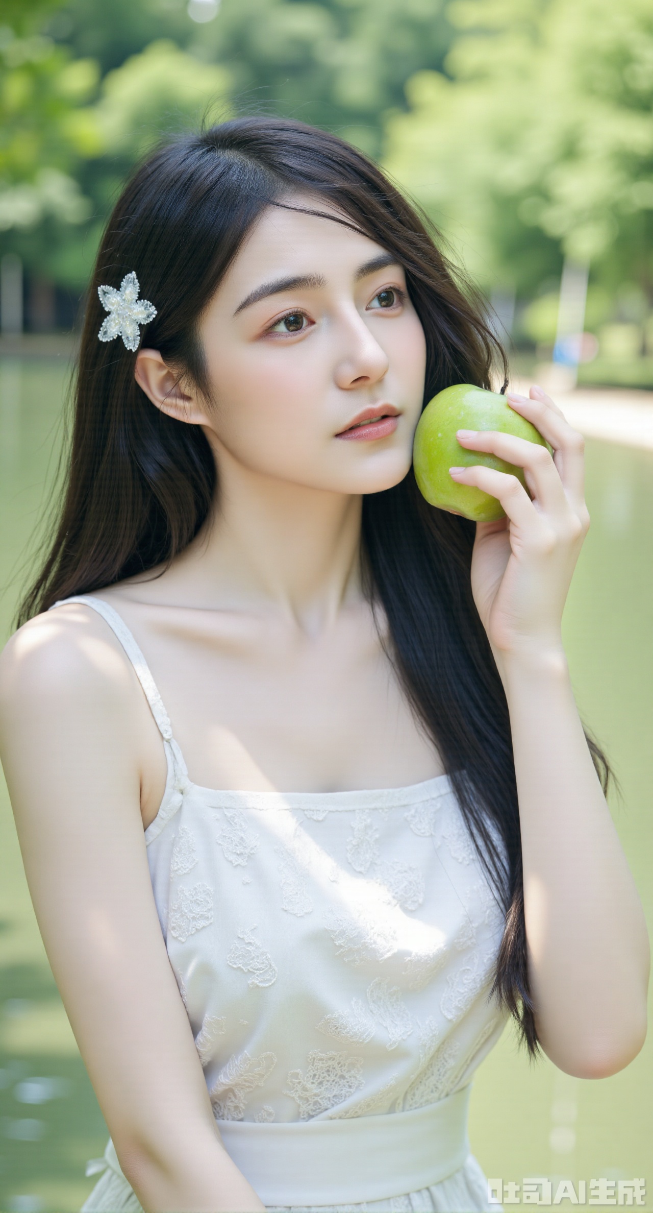 (masterpiece:1.2),best quality,Soft light photography,A young Asian woman with black wavy long hair wearing two star hair clips on either side of her ears,dressed in a white halter dress; her right hand holds a green apple lightly touching her cheek,with glistening water droplets; the background is a blurred summer forest with soft light spots formed by sunlight filtering through the leaves,creating a soft focus effect. Half-length portrait,composed slightly to the left center,with a fresh and low saturation tone and a natural sweet atmosphere,imitating Fujifilm style. --ar 3:4 --style raw,,(huge breasts:2.99),(full breasts:2.99),Xyunxiao,XyunxiaoYK,Xdixionglianyiqun,Xmiaozufushi,Xqilinxianzi,XTifaLockhart,Xjinshenjianshenfu,Xbigbreasts,Xrixirenxiangsheying,XzhaoxiangerX,Xnanxiaochen2,Xyinyue2,Xchenjiajia,Xhanfusiwa,Xmengru,Xweijinfenghanfu