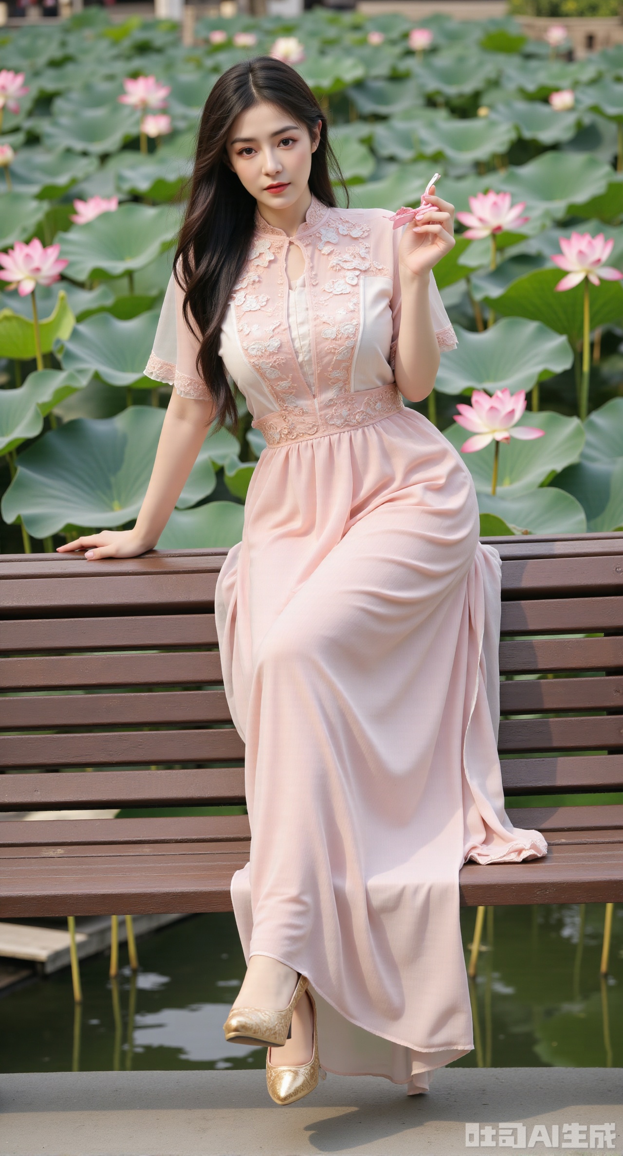 (masterpiece:1.2),best quality,The image is a digital illustration of a young woman sitting on a wooden bench in a pond with lily pads. She is wearing a long dress with design on the chest and sleeves. The dress has a high neckline and short sleeves,Holding a lotus in hand. She has long dark hair styled in loose waves and is wearing gold high heels. The woman is posing with one hand on her hip and the other resting on the edge of the bench. The background is filled with pink and white lotus flowers and green leaves. The overall mood of the image is peaceful and serene,(huge breasts:2.99),(full breasts:2.99),(Background with traditional Chinese architecture, lotus pond and pink lotus flowers:1.39),Xyunxiao,XyunxiaoYK,Xdixionglianyiqun,Xmiaozufushi,Xqilinxianzi,XTifaLockhart,Xjinshenjianshenfu,Xbigbreasts,Xrixirenxiangsheying,XzhaoxiangerX,Xnanxiaochen2,Xyinyue2,Xchenjiajia,Xhanfusiwa,Xmengru,Xweijinfenghanfu
