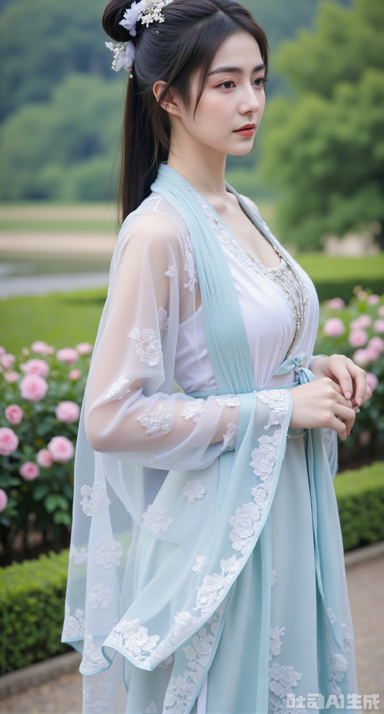 (masterpiece:1.2),best quality,,A woman adorned in traditional Chinese attire,featuring a flowing robe with intricate embroidery and floral accents. A garden filled with pink roses and lush greenery. Soft pastel hues of white,blue,and green,creating a serene atmosphere. Photorealistic photography.,,(huge breasts:2.99),(full breasts:2.99),Xyunxiao,XyunxiaoYK,Xdixionglianyiqun,Xmiaozufushi,Xqilinxianzi,XTifaLockhart,Xjinshenjianshenfu,Xbigbreasts,Xrixirenxiangsheying,XzhaoxiangerX,Xnanxiaochen2,Xyinyue2,Xchenjiajia,Xhanfusiwa,Xmengru,Xweijinfenghanfu