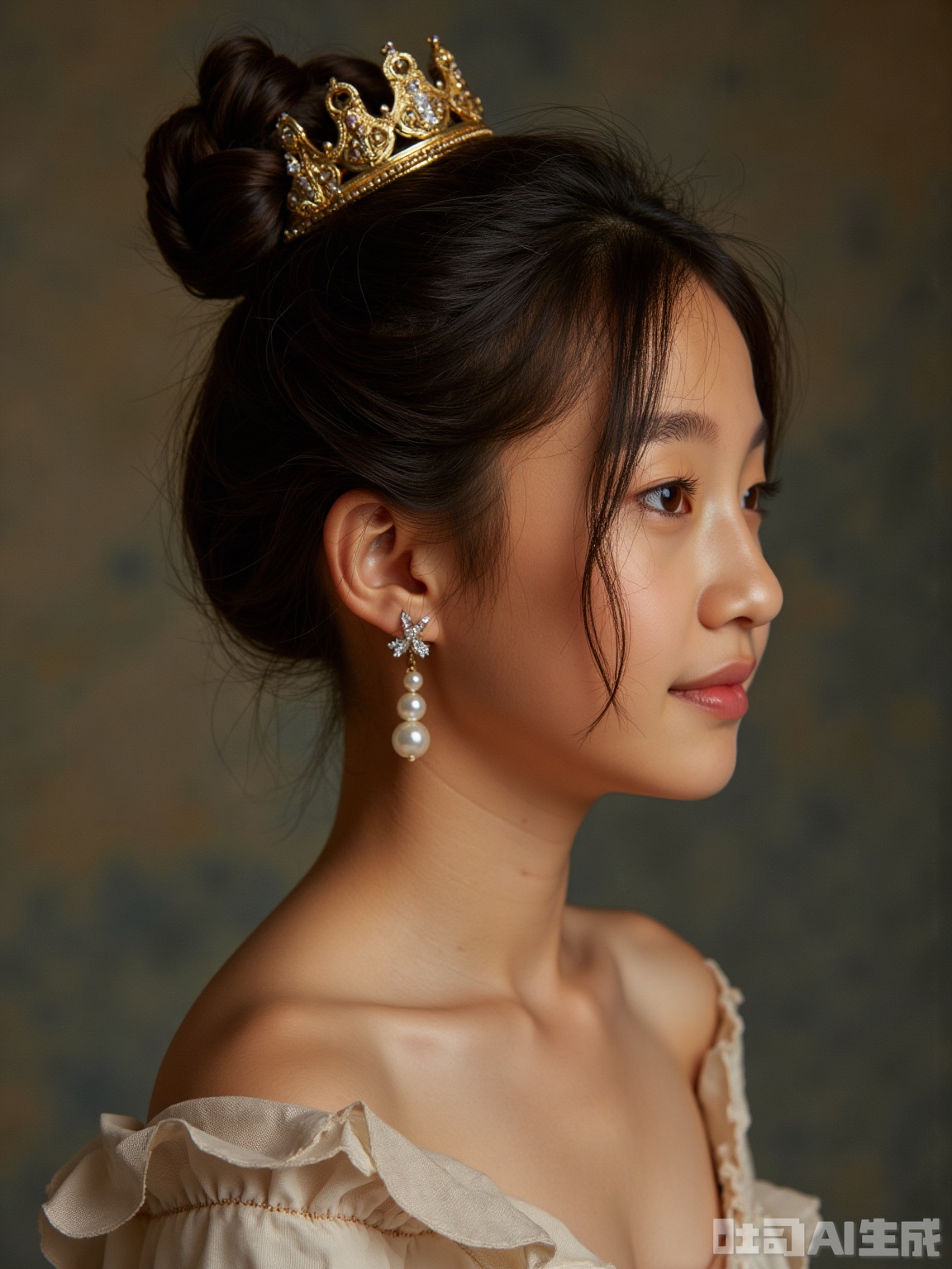 Scene: The textured background of the 18th century oil painting, the linen and gray walls are used to treat, the fine mottled traces are hand-polished, the 60° side backlight simulates candlelight, and the reflector on the left adds soft white outline light to create a classical salon portrait atmosphere.
Character: The girl is combed with a high bun, inlaid with pearl strings and miniature crowns (Crown details: Victoria's Little Crown 1:12 replica, inlaid with Swarovski imitation diamonds), and the hair is fixed with fishing lines to present the Renaissance hairstyle curves. Wear Akoya pearl earrings (7mm in diameter, with natural growth texture), exposed shoulders, use highlight fluid to simulate the "highlight spot color method" of classical oil paintings at the collarbone, retaining 0.3mm of natural velvet on the shoulders (visible under the macro lens), and the neck muscles show slight ups and downs with breathing 0.1°.
Atmosphere: Replicate the texture of the portraits of European aristocrats in the 1850s, use light and shadow and details to create "touchable classical beauty", so that the girl becomes the protagonist of mobile oil paintings.
Parameters: 8K resolution, f/2.5 large aperture (blurry mottled background, highlighting characters), shutter 1/100s (muscle tremor caused by frozen sensation), ISO 800 (intensify candlelight warm yellow noise), use 90mm macro lens (capture pearl texture and hair velvet), increase 25% ochre tone (simulate the oxidation effect of oil painting pigments), highlight 5% grayscale (replicate the "dark light and color transmission" technique of classical portraits).