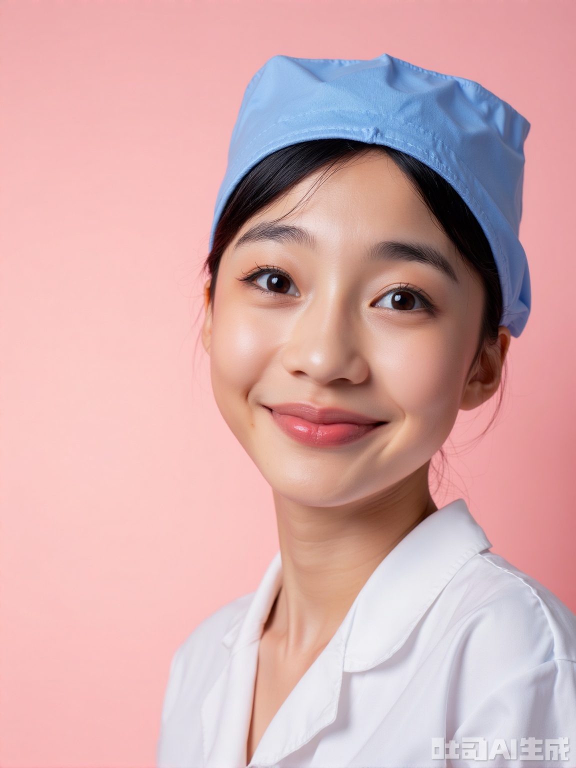 **Scene**: Light pink background, soft light on the top + facial reflector, warm and soft light, in line with the humanistic care atmosphere of the medical industry.  
**People**: Wearing a white nurse's uniform and a blue nurse's hat (with the brim of the hat as close as the eyebrows), the hair is tied into the hat with a hair net, revealing the forehead and ears. The expression is gentle and friendly, the eyes are smiling, and the camera is looking at the camera, showing the patience and affinity of medical staff, with natural makeup and a strong complexion, which meets the hospital's standard requirements for the image of nurses.  
**Ambient**: Warm and intimate, conveying the meticulousness and love of nursing work.  
**Parameters**: 6K resolution, f/3.5 aperture, shutter 1/100s, ISO 200, 50mm lens, focus locking face, uniform pleats and hat badges are clear details, background color value #FFE4E1.