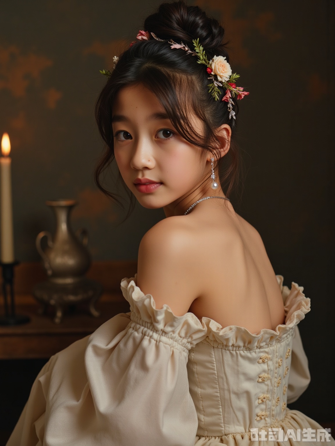 Scene: The textured background of the 18th century oil painting, the linen and gray walls are used to treat, the fine mottled traces are hand-polished, the 60° side backlight simulates candlelight, and the reflector on the left adds soft white outline light to create a classical salon portrait atmosphere.
Character: The girl is combed with a high bun, inlaid with pearl strings and miniature crowns (Crown details: Victoria's Little Crown 1:12 replica, inlaid with Swarovski imitation diamonds), and the hair is fixed with fishing lines to present the Renaissance hairstyle curves. Wear Akoya pearl earrings (7mm in diameter, with natural growth texture), exposed shoulders, use highlight fluid to simulate the "highlight spot color method" of classical oil paintings at the collarbone, retaining 0.3mm of natural velvet on the shoulders (visible under the macro lens), and the neck muscles show slight ups and downs with breathing 0.1°.
Atmosphere: Replicate the texture of the portraits of European aristocrats in the 1850s, use light and shadow and details to create "touchable classical beauty", so that the girl becomes the protagonist of mobile oil paintings.
Parameters: 8K resolution, f/2.5 large aperture (blurry mottled background, highlighting characters), shutter 1/100s (muscle tremor caused by frozen sensation), ISO 800 (intensify candlelight warm yellow noise), use 90mm macro lens (capture pearl texture and hair velvet), increase 25% ochre tone (simulate the oxidation effect of oil painting pigments), highlight 5% grayscale (replicate the "dark light and color transmission" technique of classical portraits).