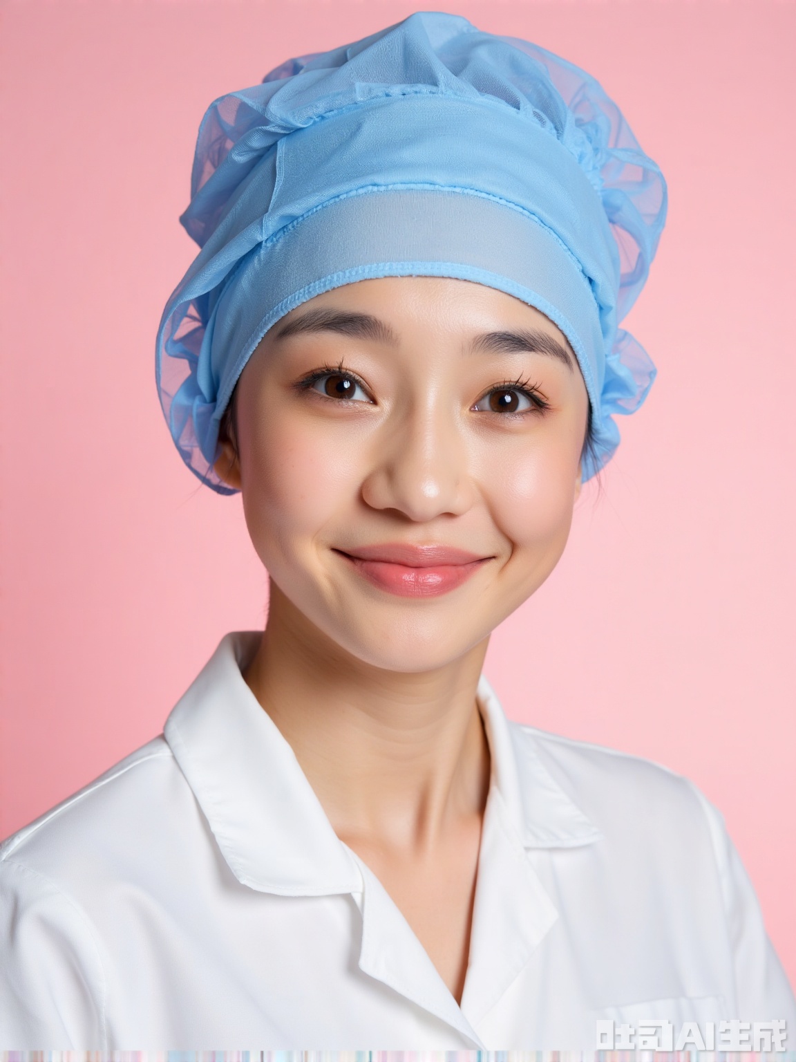 **Scene**: Light pink background, soft light on the top + facial reflector, warm and soft light, in line with the humanistic care atmosphere of the medical industry.  
**People**: Wearing a white nurse's uniform and a blue nurse's hat (with the brim of the hat as close as the eyebrows), the hair is tied into the hat with a hair net, revealing the forehead and ears. The expression is gentle and friendly, the eyes are smiling, and the camera is looking at the camera, showing the patience and affinity of medical staff, with natural makeup and a strong complexion, which meets the hospital's standard requirements for the image of nurses.  
**Ambient**: Warm and intimate, conveying the meticulousness and love of nursing work.  
**Parameters**: 6K resolution, f/3.5 aperture, shutter 1/100s, ISO 200, 50mm lens, focus locking face, uniform pleats and hat badges are clear details, background color value #FFE4E1.