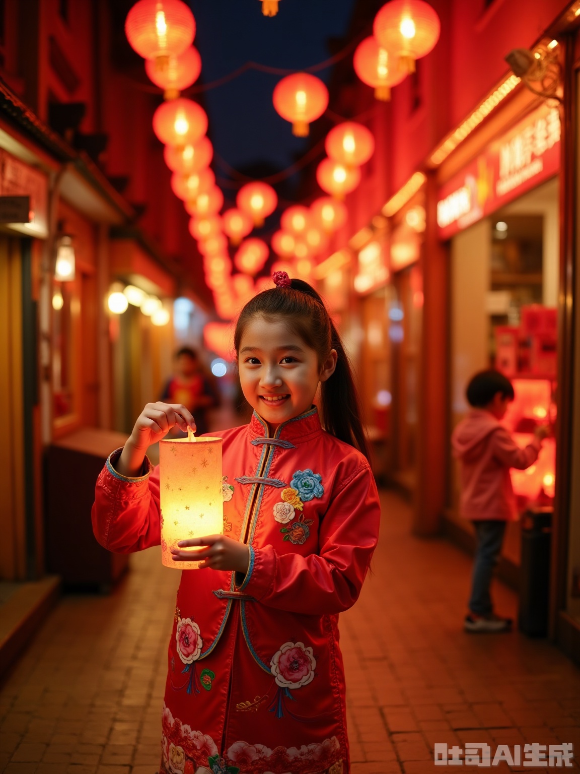 Scene: In the ancient Lantern Festival, the bluestone road reflects red lanterns, the paper umbrella shop and rouge shop are warm, the sugar painting stall is surrounded by children, and the fragrance of fried chestnuts is floating in the air. Character: A 10-year-old girl tied a high ponytail, tied a red-rope hair accessories, wore a modified Hanfu short skirt, with cloud patterns embroidered on the upper jacket, and a gradient firework pattern on the hem of the skirt. He held a rabbit lantern in his hand, jumping and watching the candy painter painter painted. His bangs turned red by the lanterns, and his little tiger teeth were revealed when he smiled, and the firework patterns on the hem of his skirt flashed with the action. Atmosphere: Lively and sweet, it is the lively little girl in the lantern festival in the ancient alley Parameters: 8K resolution, f/1.8 aperture, shutter speed 1/150s, ISO 1600, 35mm lens, warm yellow light simulated night market, 30% red and gold tone, dynamic blur 12% to show the crowd lively

