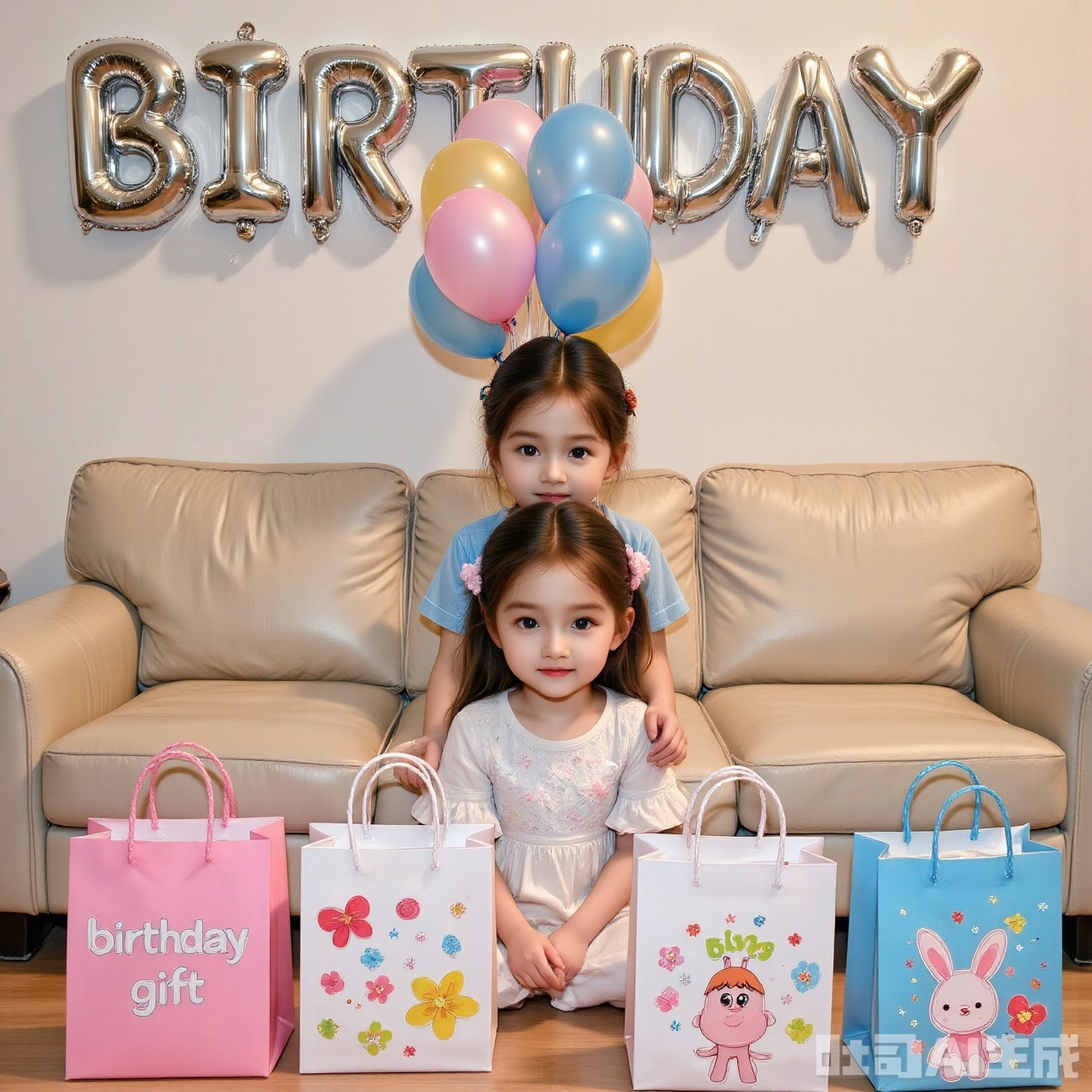 The image shows a person sitting on a beige sofa in a room decorated for a birthday celebration. The person is holding a bunch of colorful balloons, including pink, blue, and gold ones. Behind the person, there are large silver balloons spelling out "BIRTHDAY." In front of the person, there is a table filled with various gift bags and presents, including a pink bag with the text (birthday gift), a white bag with a cartoon character, and a blue bag with a bunny plush toy. The overall setting appears festive and cheerful, with a focus on the celebration.
