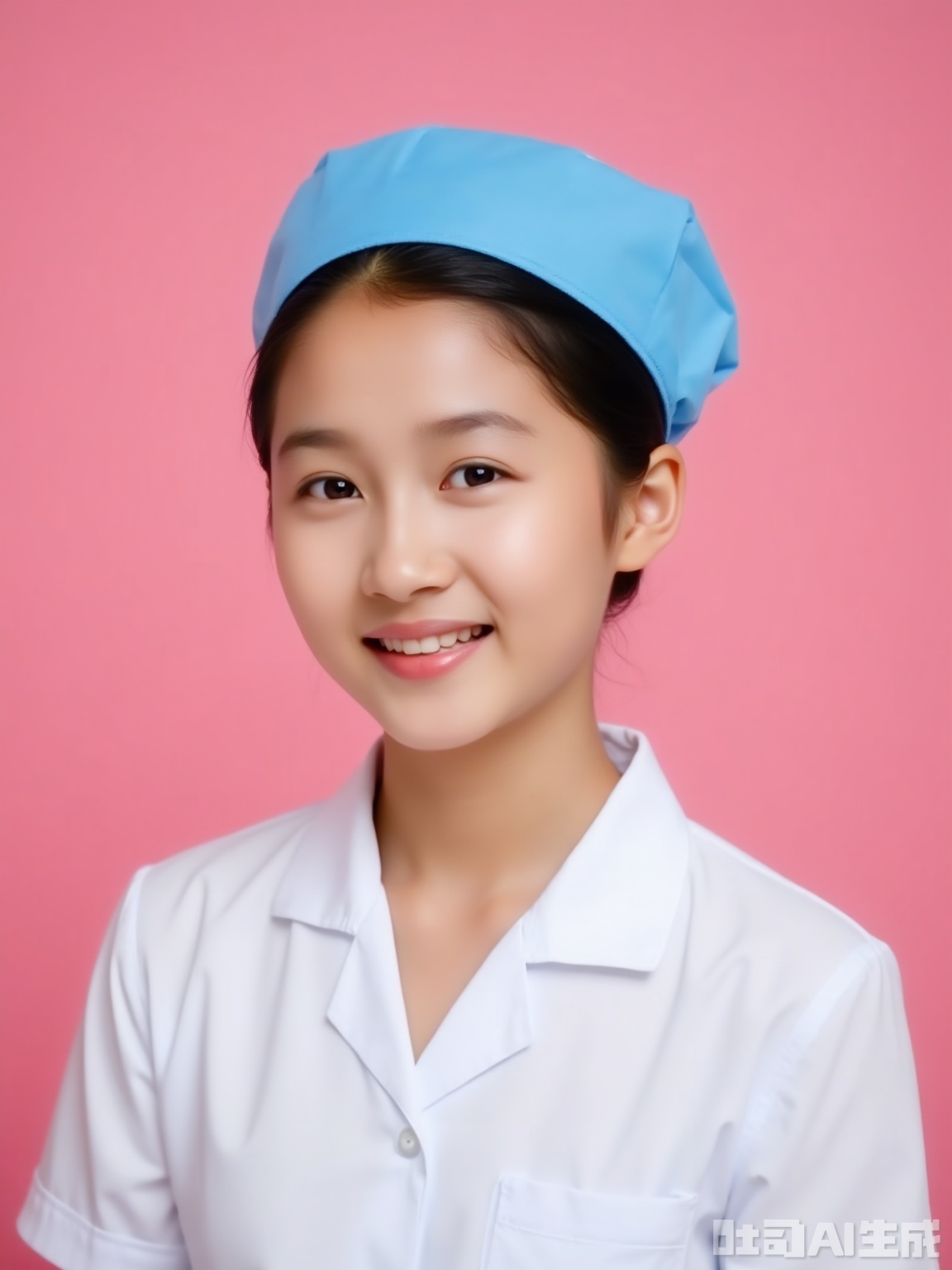 **Scene**: Light pink background, soft light on the top + facial reflector, warm and soft light, in line with the humanistic care atmosphere of the medical industry.  
**People**: Wearing a white nurse's uniform and a blue nurse's hat (with the brim of the hat as close as the eyebrows), the hair is tied into the hat with a hair net, revealing the forehead and ears. The expression is gentle and friendly, the eyes are smiling, and the camera is looking at the camera, showing the patience and affinity of medical staff, with natural makeup and a strong complexion, which meets the hospital's standard requirements for the image of nurses.  
**Ambient**: Warm and intimate, conveying the meticulousness and love of nursing work.  
**Parameters**: 6K resolution, f/3.5 aperture, shutter 1/100s, ISO 200, 50mm lens, focus locking face, uniform pleats and hat badges are clear details, background color value #FFE4E1.