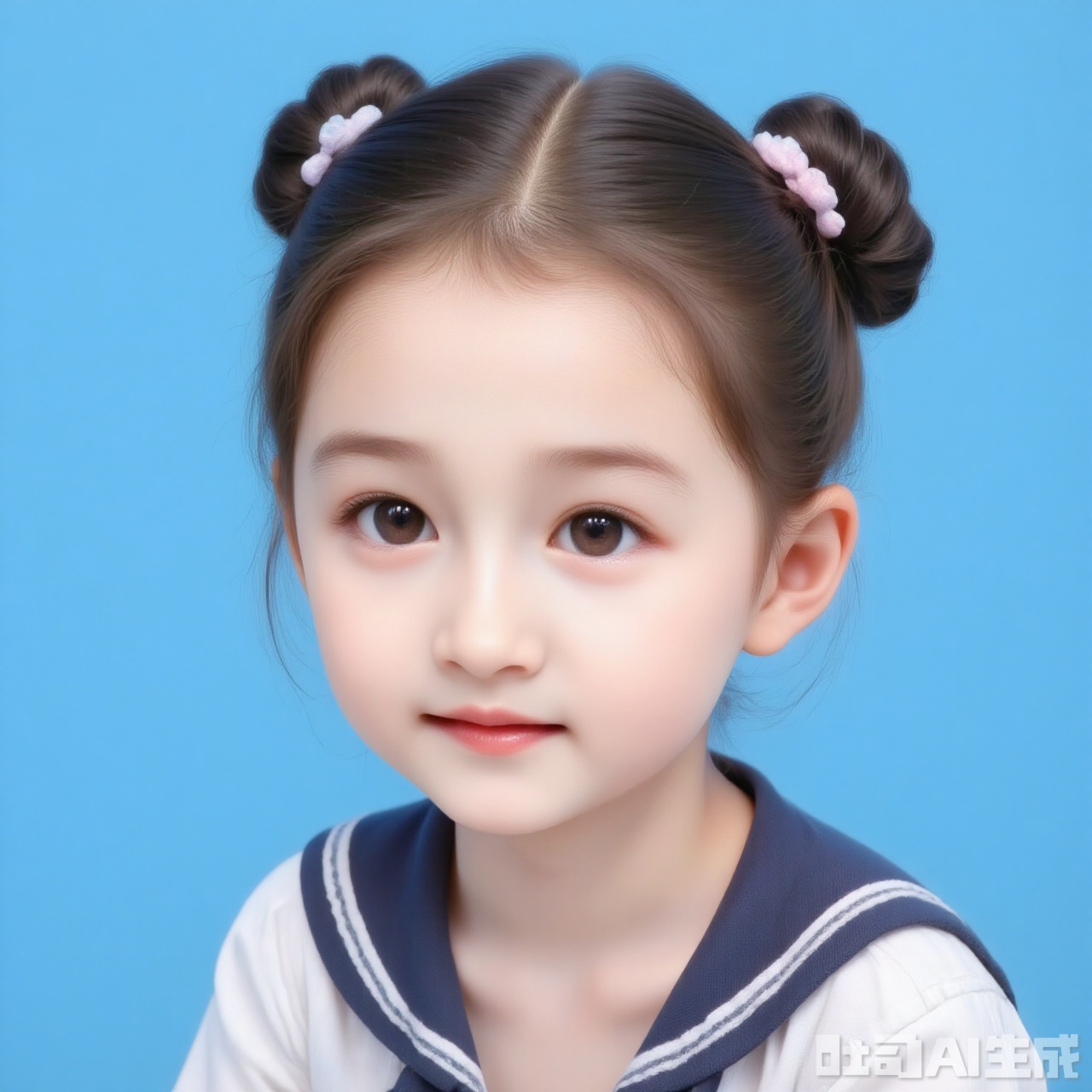The image shows a young woman with a clear complexion, wearing a white sailor-style outfit with a dark blue collar and bow. Her hair is neatly pulled back into a bun, and she has a calm, neutral expression. The background is a solid blue color, providing a clean and simple backdrop that highlights the subject.