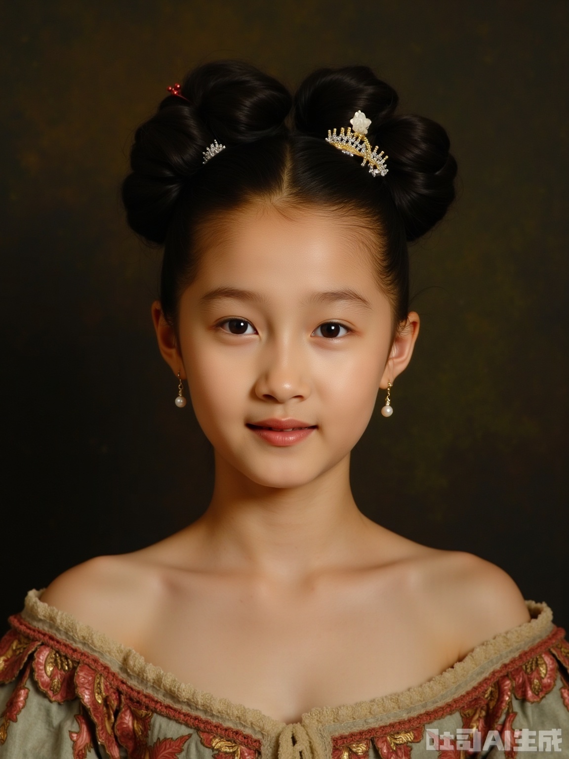 Scene: The textured background of the 18th century oil painting, the linen and gray walls are used to treat, the fine mottled traces are hand-polished, the 60° side backlight simulates candlelight, and the reflector on the left adds soft white outline light to create a classical salon portrait atmosphere. Character: The girl is combed with a high bun, inlaid with pearl strings and miniature crowns (Crown details: Victoria's Little Crown 1:12 replica, inlaid with Swarovski imitation diamonds), and the hair is fixed with fishing lines to present the Renaissance hairstyle curves. Wear Akoya pearl earrings (7mm in diameter, with natural growth texture), exposed shoulders, use highlight fluid to simulate the "highlight spot color method" of classical oil paintings at the collarbone, retaining 0.3mm of natural velvet on the shoulders (visible under the macro lens), and the neck muscles show slight ups and downs with breathing 0.1°. Atmosphere: Replicate the texture of the portraits of European aristocrats in the 1850s, use light and shadow and details to create "touchable classical beauty", so that the girl becomes the protagonist of mobile oil paintings. Parameters: 8K resolution, f/2.5 large aperture (blurry mottled background, highlighting characters), shutter 1/100s (muscle tremor caused by frozen sensation), ISO 800 (intensify candlelight warm yellow noise), use 90mm macro lens (capture pearl texture and hair velvet), increase 25% ochre tone (simulate the oxidation effect of oil painting pigments), highlight 5% grayscale (replicate the "dark light and color transmission" technique of classical portraits).
